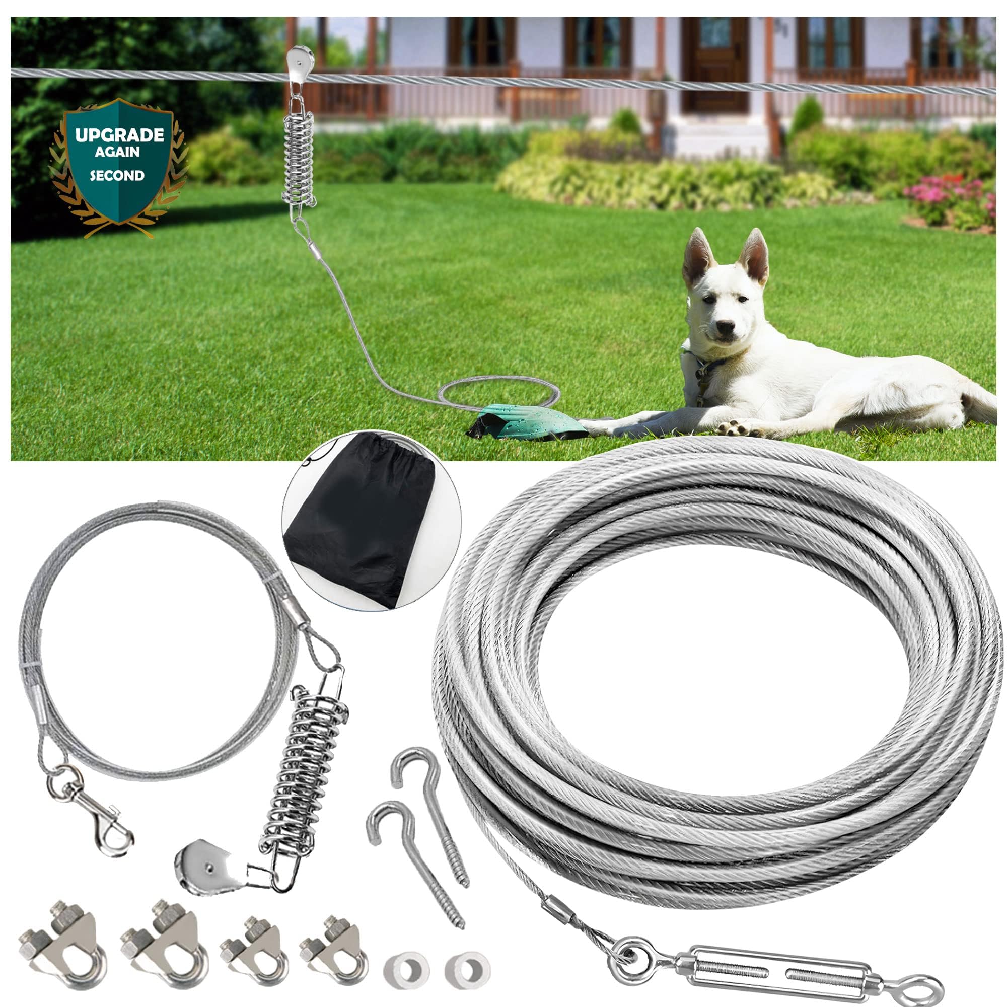 100Ft Dog Tie Out Aerial Run Trolley System - Heavy Duty Dog Aerial Run Cable With 10Ft Pulley Runner Line Holds 75Lbs Of Dogs F