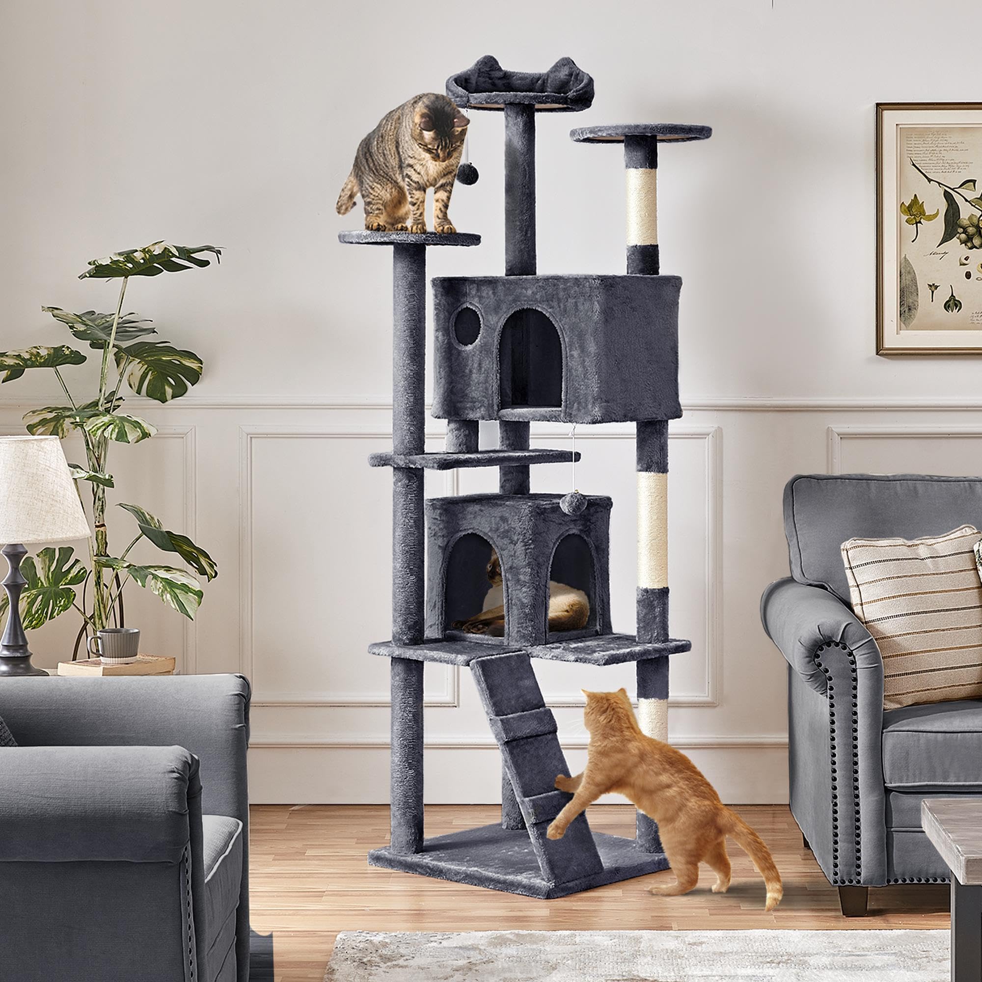 Yaheetech Xl Cat Tree, 80In Multi-Level Tower With Scratching Posts, Double Caves, Perched Platforms And Dangling Balls, Stand H