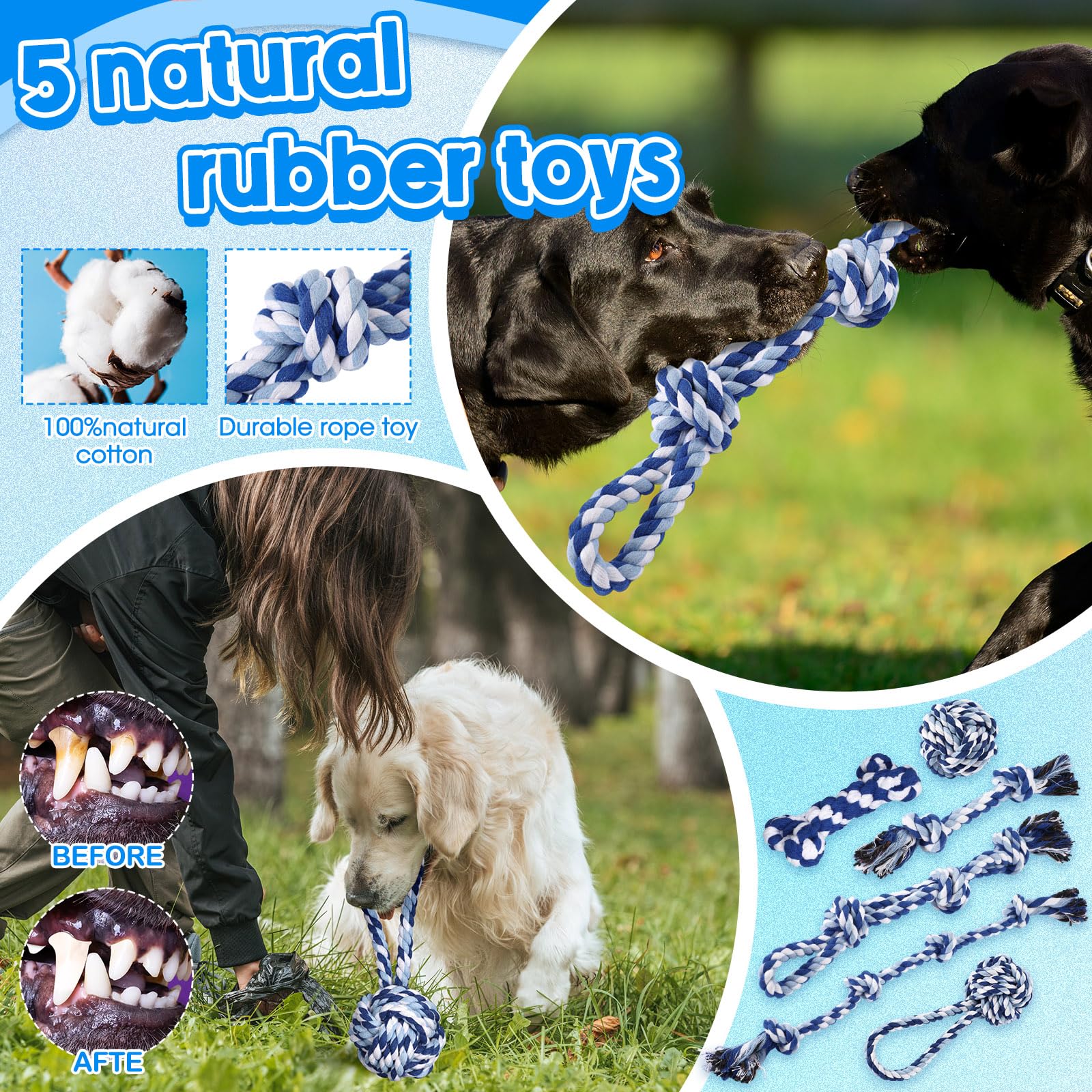 Vinsot 12 Pack Large Dog Chew Toys For Aggressive Chewers Blue Teething Toys With Dental Rope Squeaky Balls And Chew Bone For Me