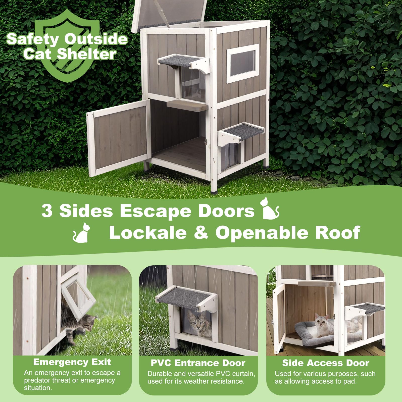 Magazoopet Outdoor Cat House Weatherproof, Two Story Wooden Feral Cat House Shelter With 3 Escape Door, Outside Cat Condo For Sm