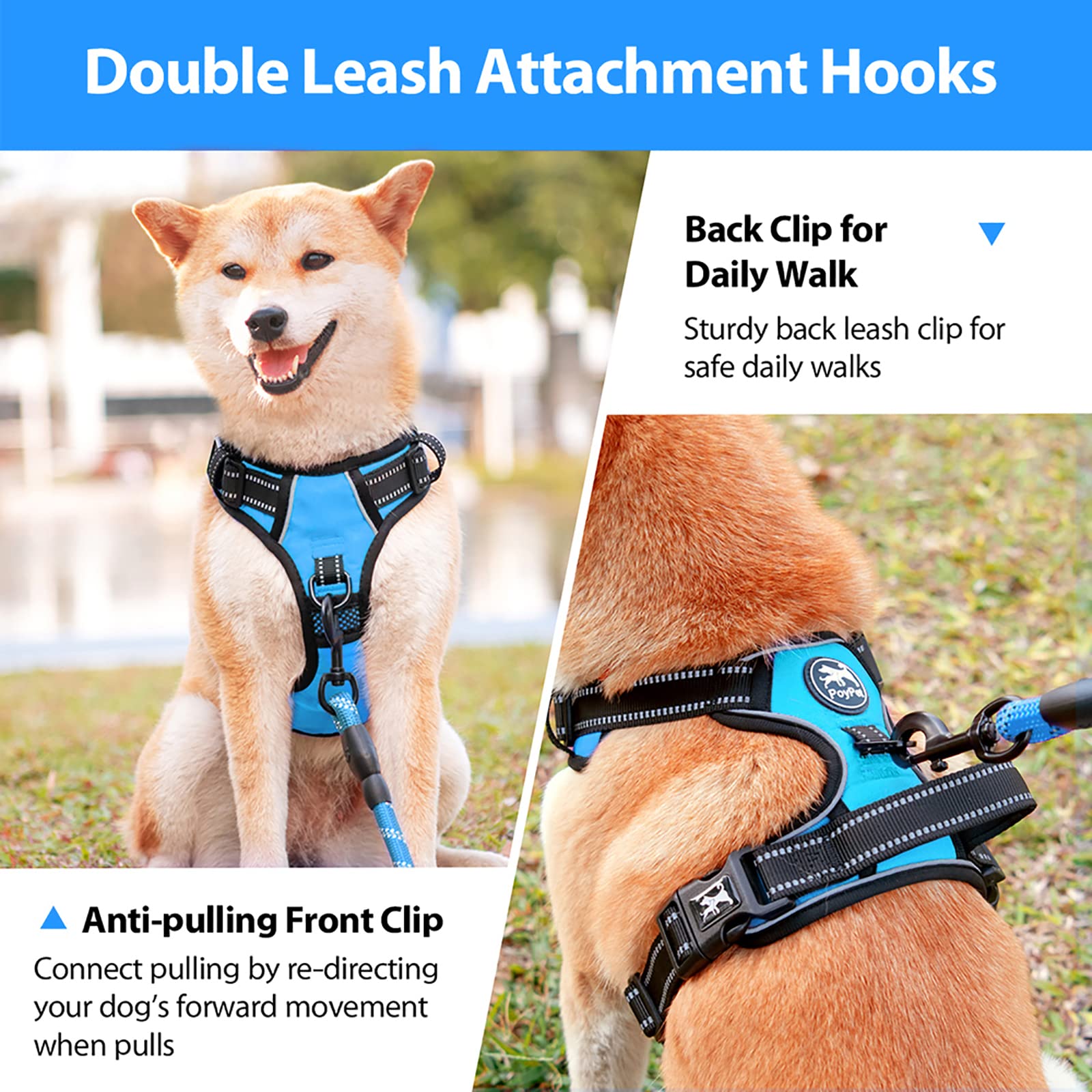 Poypet No Pull Dog Harness, No Choke Front Lead Dog Reflective Harness, Adjustable Soft Padded Pet Vest With Easy Control Handle For Small To Large Dogs(Blue,S)