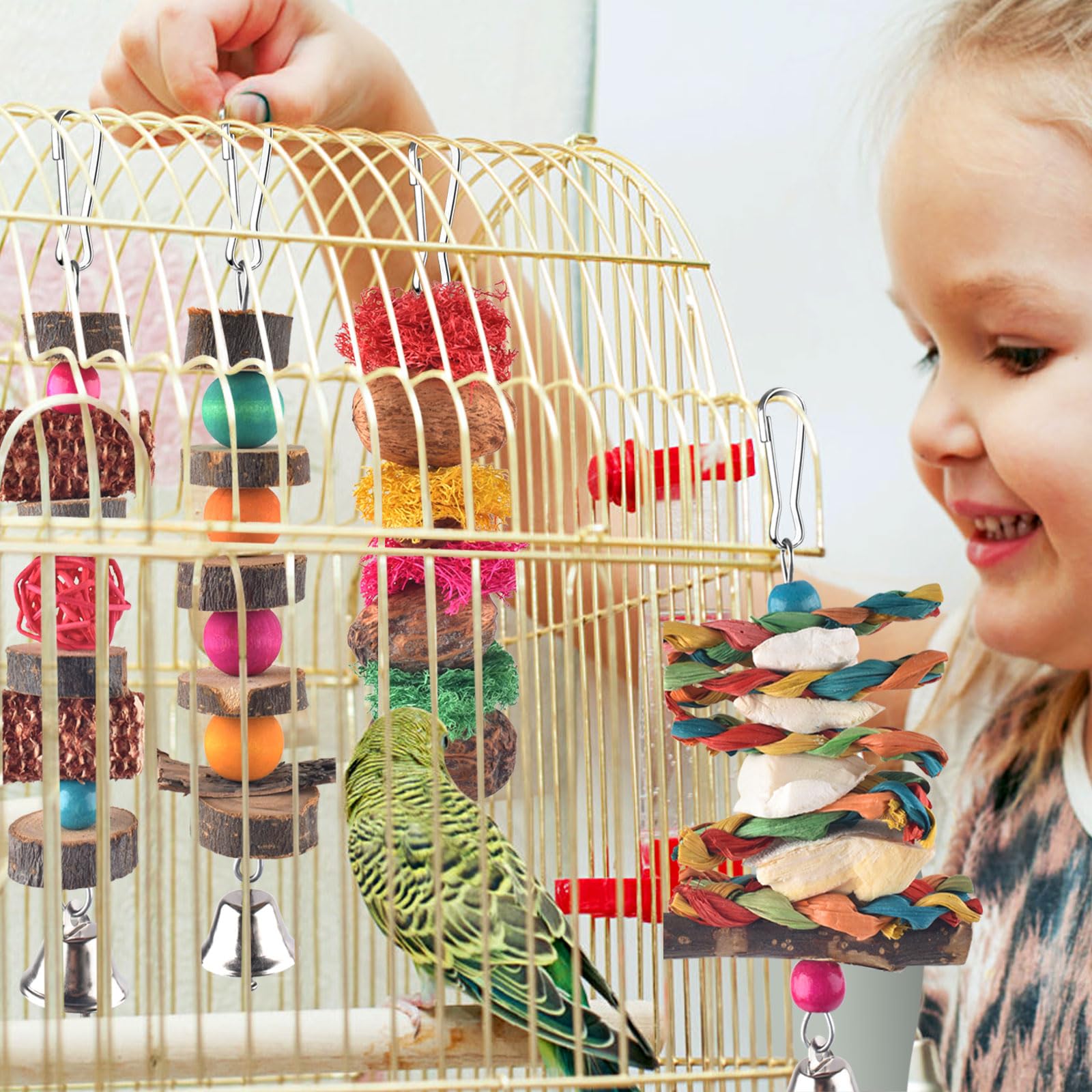 Bissap Bird Chew Toys, 7 Packs Parakeet Natural Wood Toys Parrot Hanging Cage Toy Bird Perch Stand For Small Bird Conure Cockati