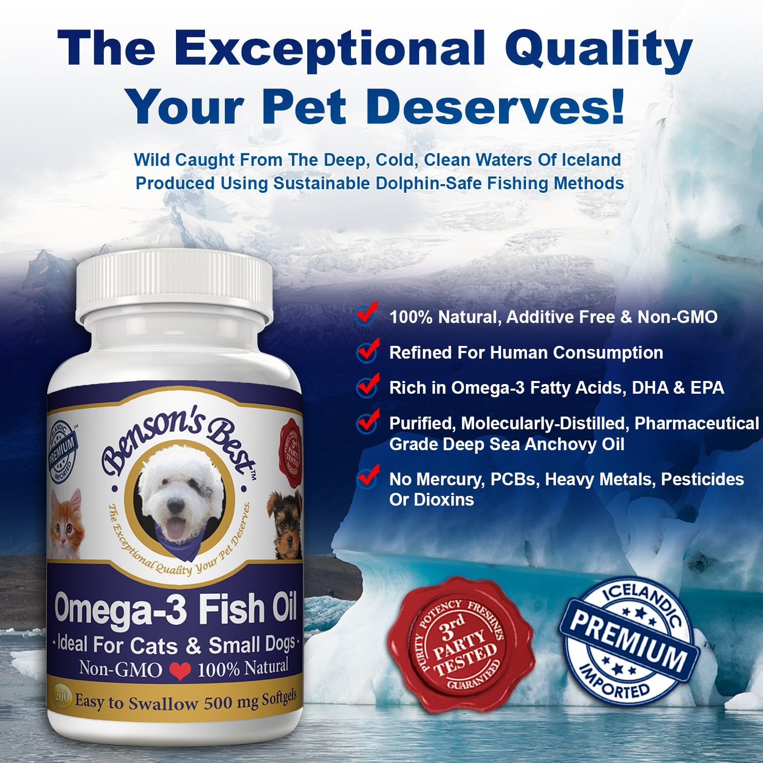 Bensons Best Omega 3 Fish Oil for Cats & Small Dogs - 200 Softgels 500mg - 43% More Omega 3 Fatty Acids Than Salmon Oil - 100%
