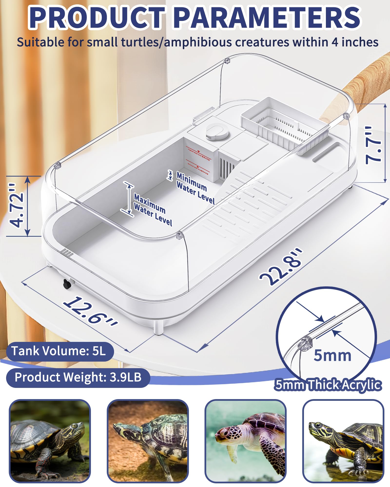 Moonorange Large Turtle Tank With Water Pump, Acrylic Turtle Tank Starter Kit With Heightened And Curved Fences, Multi-Function