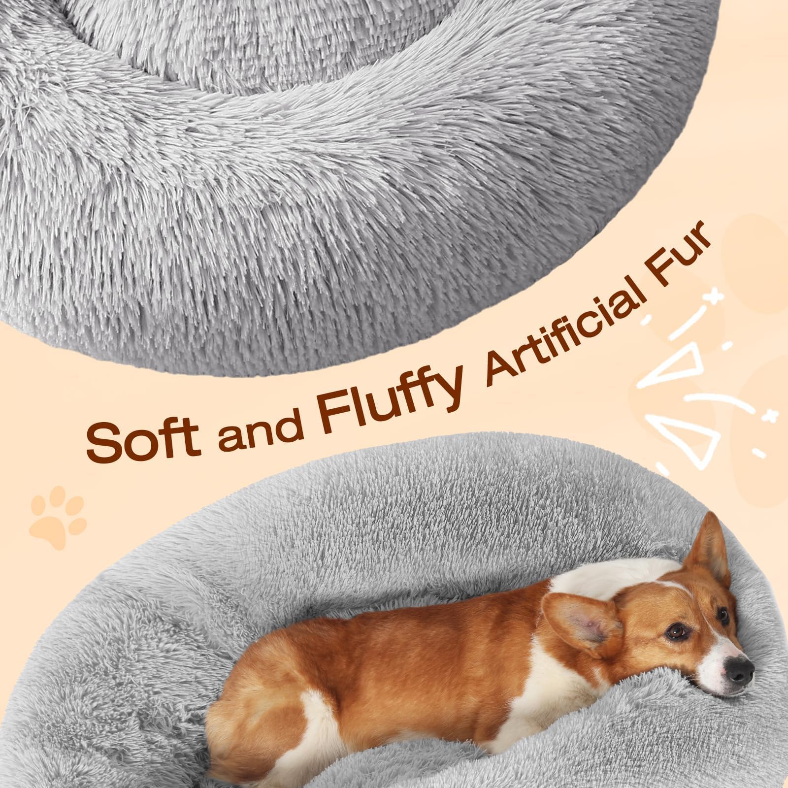 Jollyvogue Dog & Cat Bed, Calming Anti-Anxiety Pet Bed For Small Dogs, Fluffy Donut Cushion For Small And Medium Pets (24')