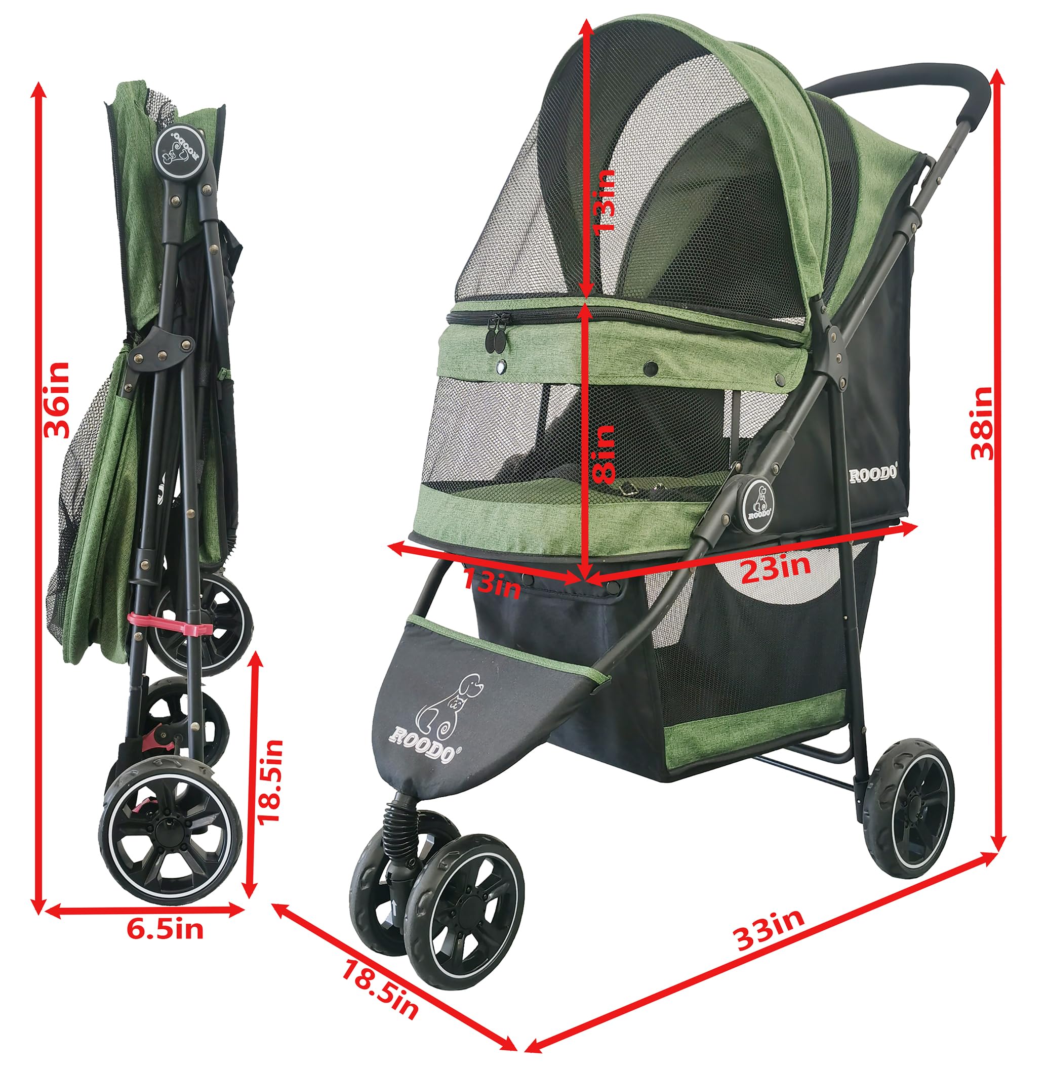 Roodo 3 Wheel Pet Stroller Best Lightweight Foldable Compact Portable Jogger All Terrain Travel Pet Gear Puppy Kitty Stroller Fo