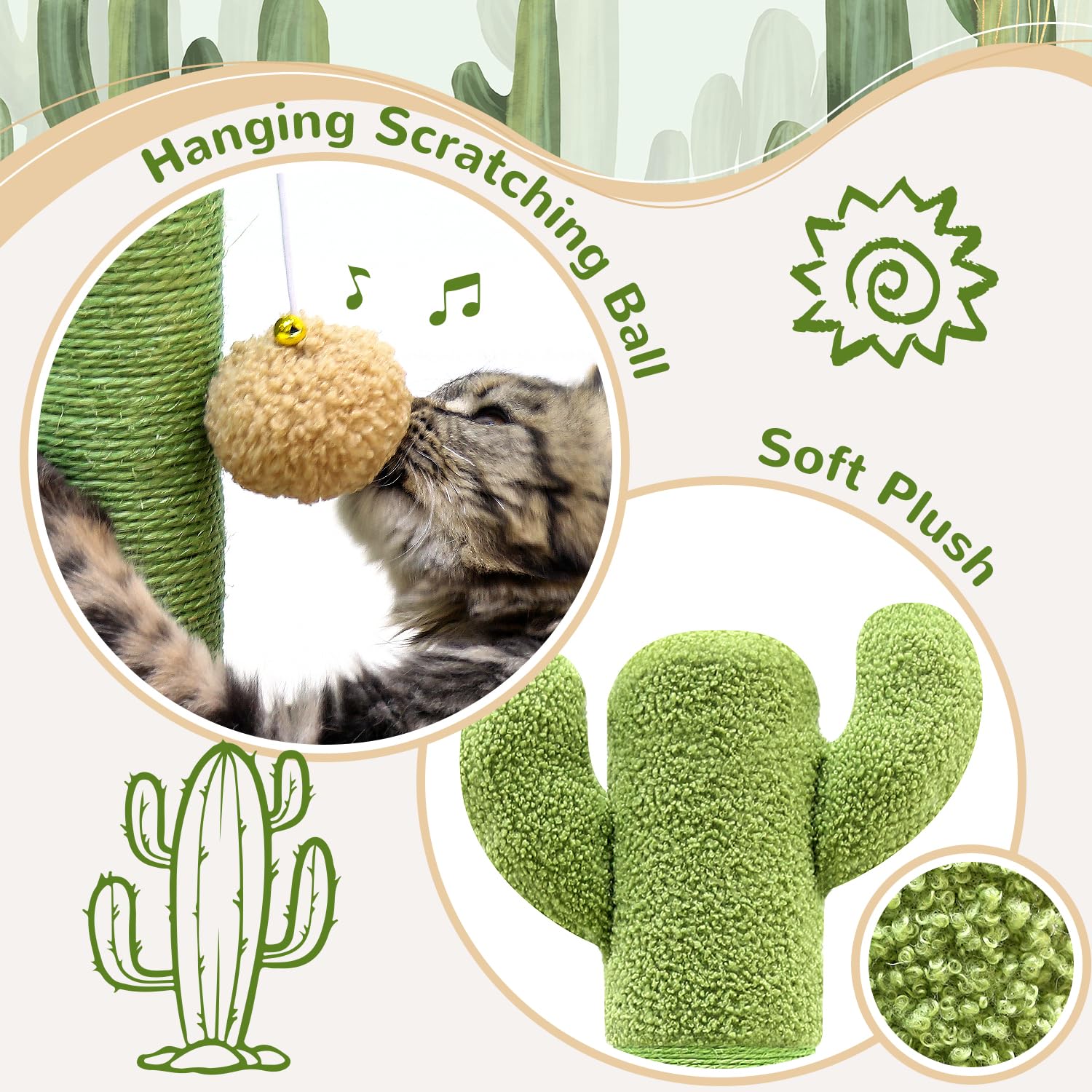 Globlazer Sc37 Extra Thick Scratching Posts For Indoor Large Cats Adults, 37Inch Cactus Cat Scratching Post Cat Scratcher Cute S