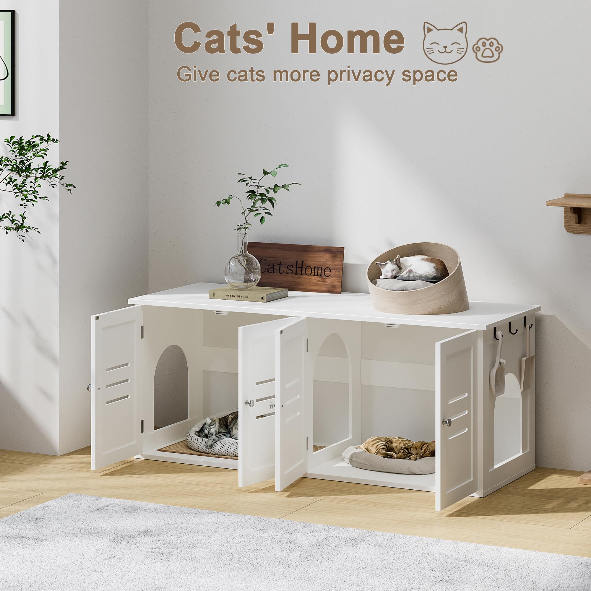 ChooChoo Cats Litter Box Enclosure, Hidden Wooden Litter Box with Double Room, Dog-Proof Cat Archway, White