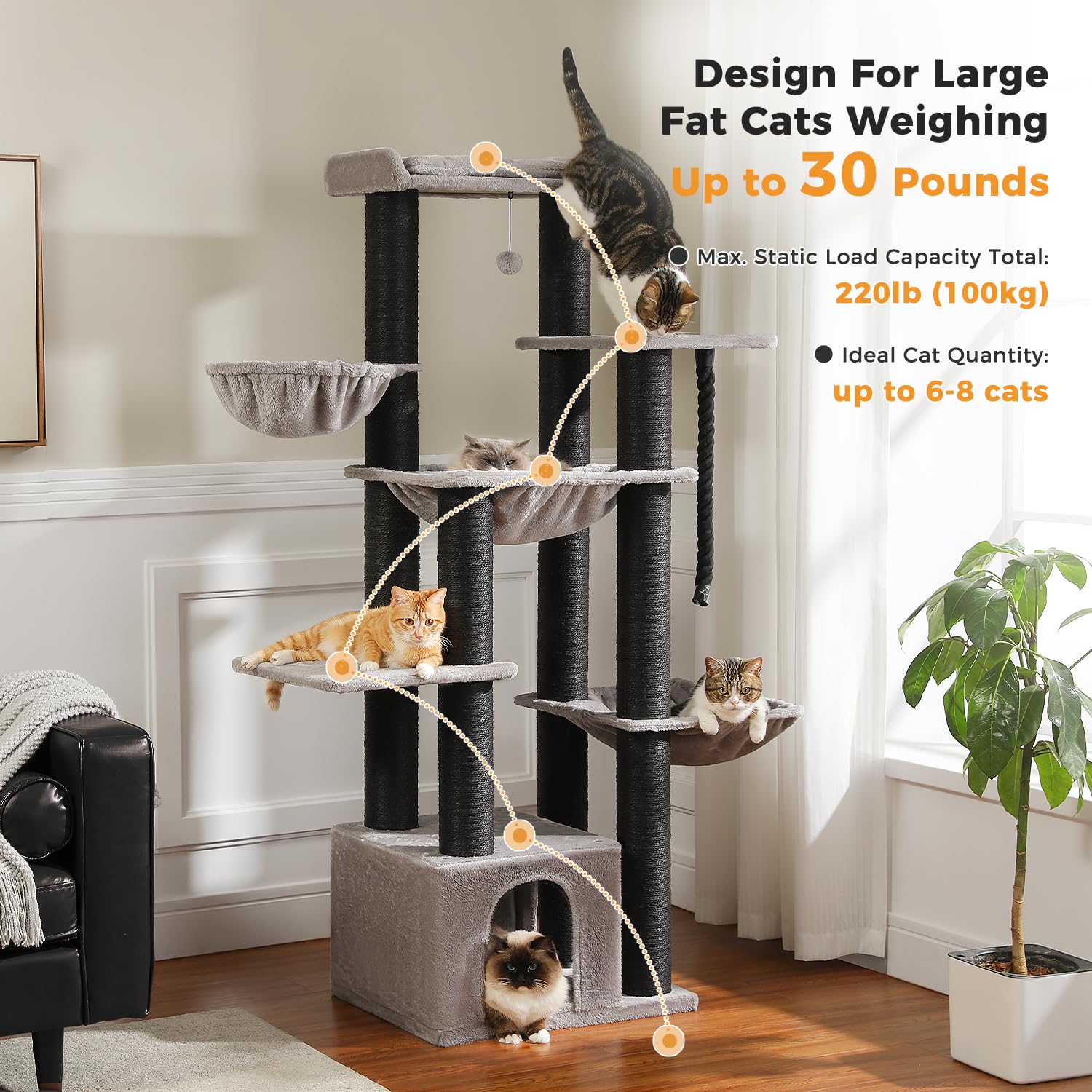 Muttros Large Cat Tree-67In Tall Cat Tower For Indoor Cats Large Adult With 13 Thick Black Scratching Posts (F4.3In), Multi- Lev