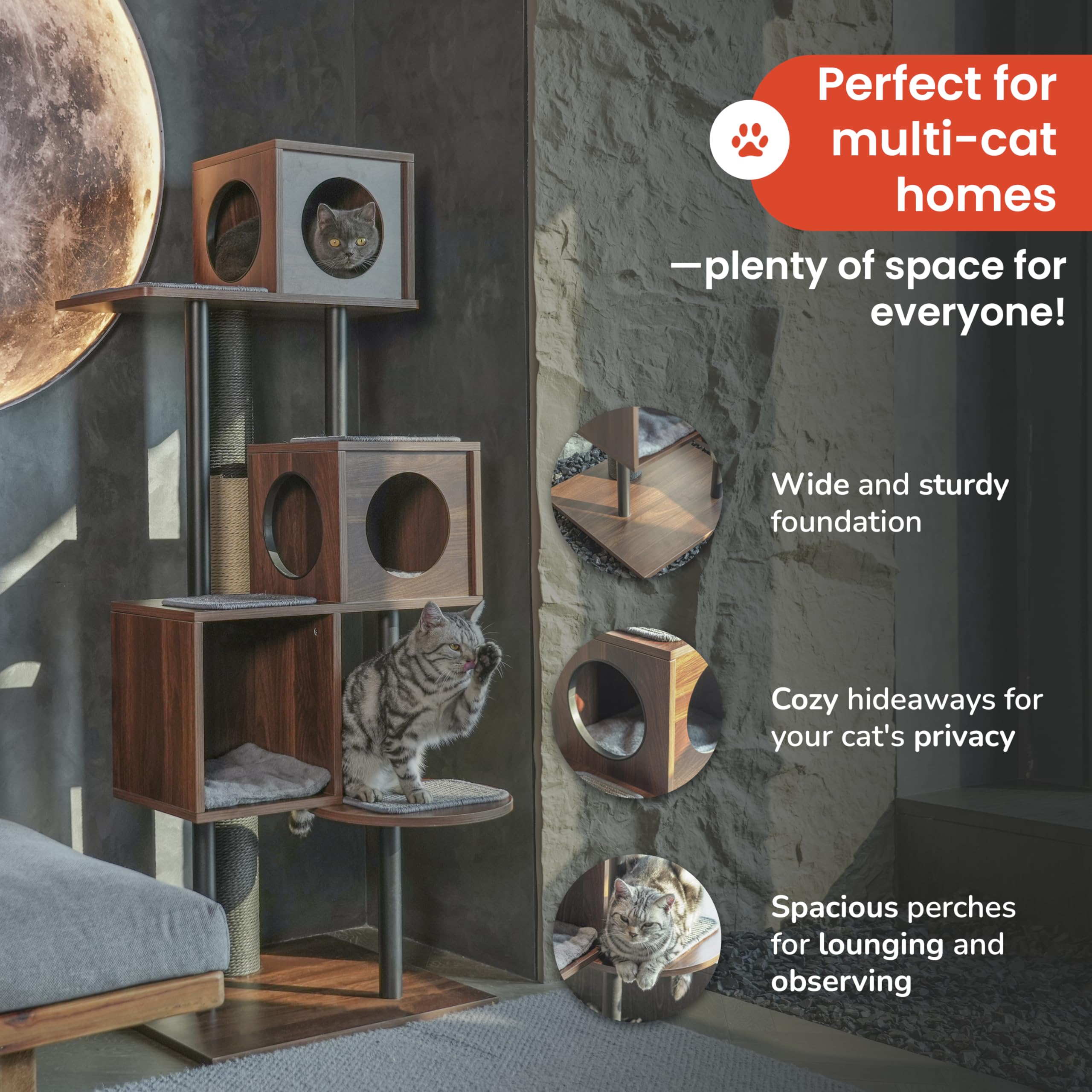 Konelcare Modern Cat Tree-Sleek Wooden Furniture-Style Tower(60'') Blends With Home Decor, Tallest Scratching Post(48''), 3 Cat