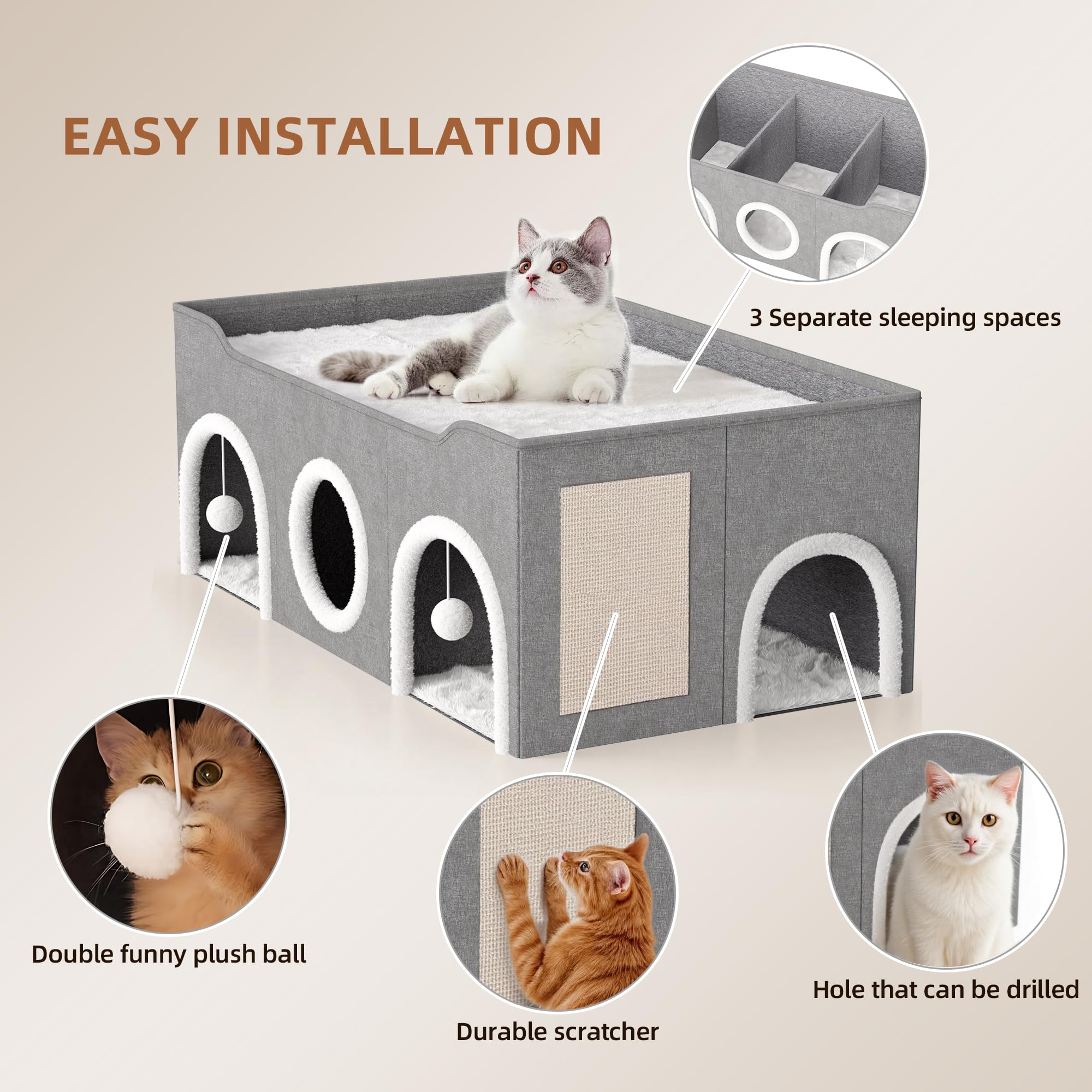 All-In-1 Extra-Wide Cat House For Indoor, Multi Cats Puppy Family, Large Cat Cave For Pet House With Fluffy Ball Hanging And Scr