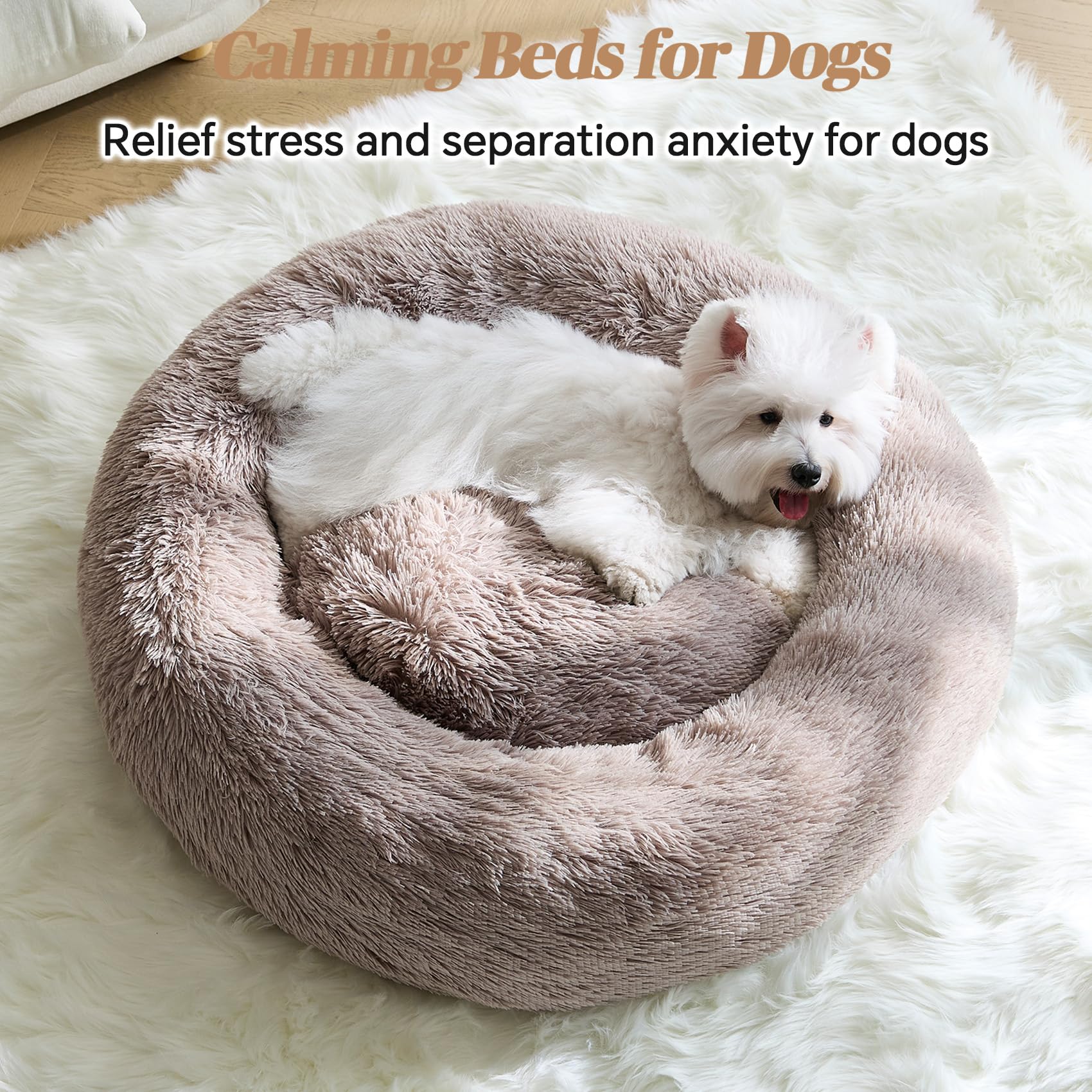 Calming Small Dog Bed,Donut Fluffy Anti-Anxiety Round Washable Cute Bed, Plush Cozy Cuddler Warming Soft Comfort Pet Bed For Sma