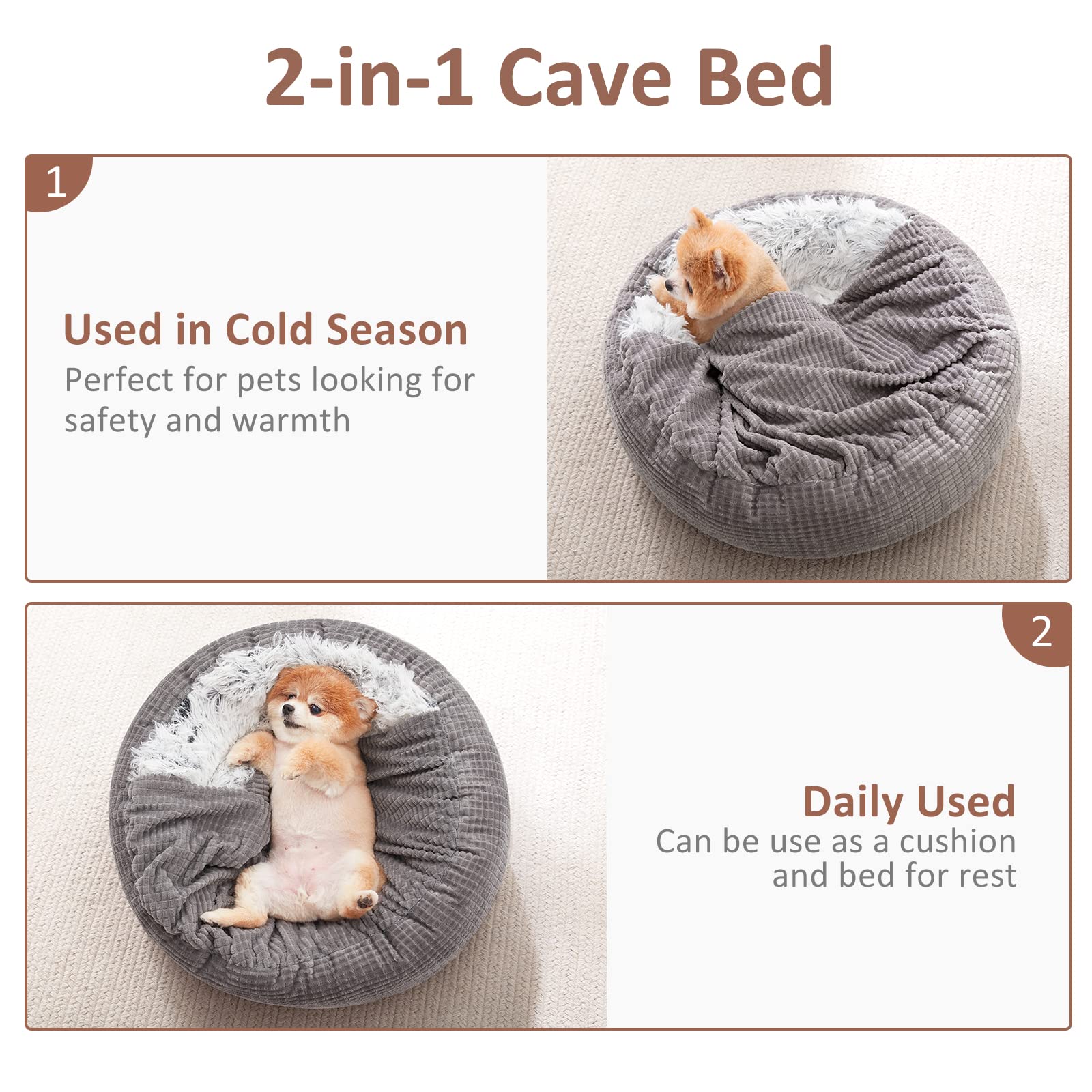 Mixjoy Small Dog Bed With Blanket, Round Calming Cozy Cave For Puppies, Soft Plush Cuddler, Anti-Slip Bottom, 23Inch