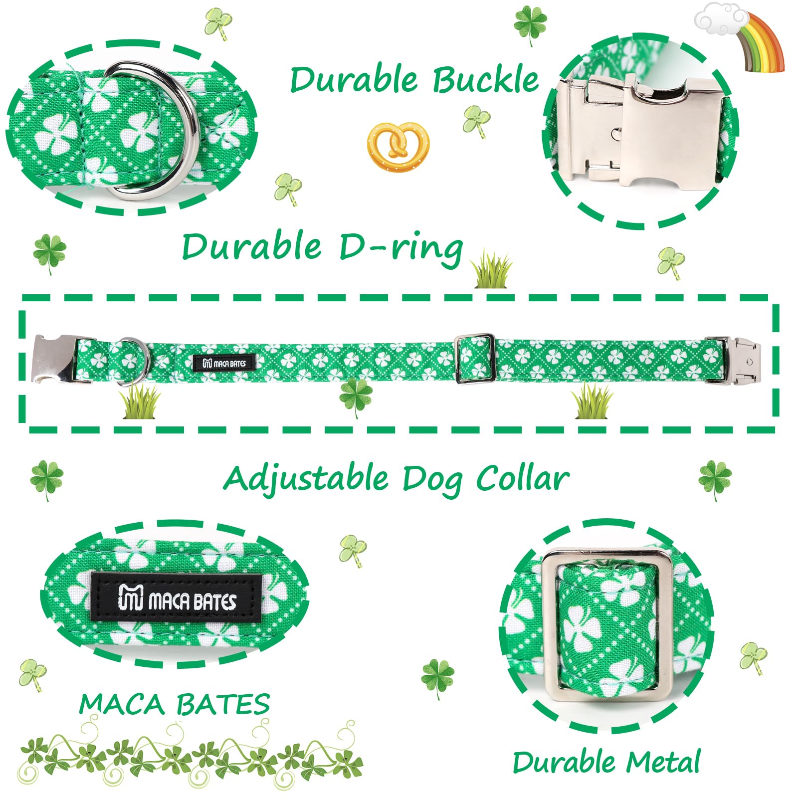 Maca Bates St Patricks Day Dog Collar Irish Clover Dogs Verdant Green Checkered Clovers Soft Adjustable Saint Patrick'S Shamrock