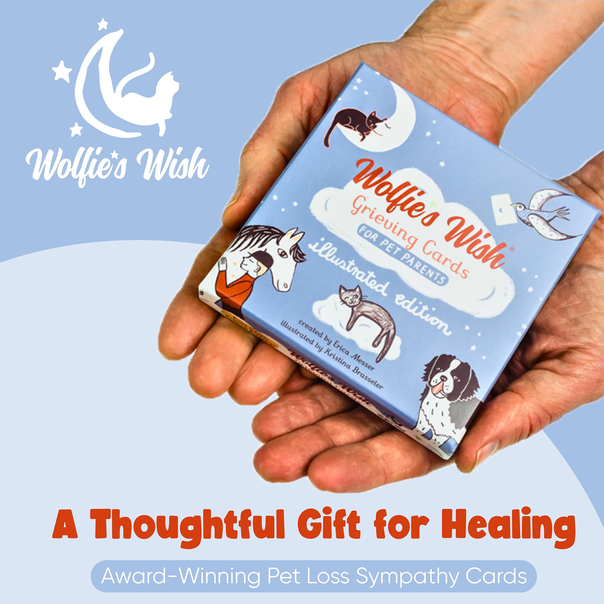 Wolfie's Wish Pet Loss Sympathy Gift - 30 Affirmation Cards, 4x4 inches, Blue & Pastels, Comfort for Grieving Pet Owners