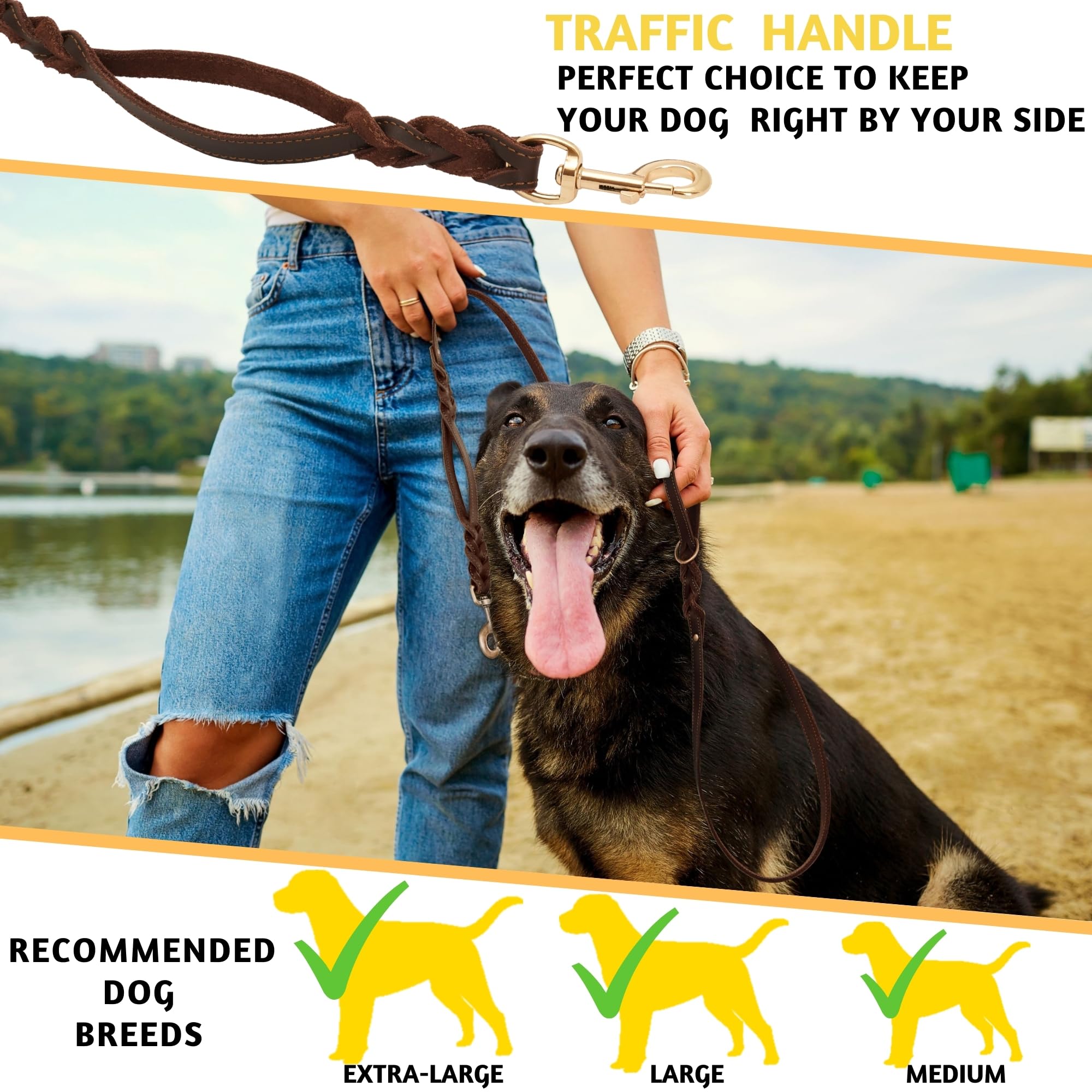 Adityna Double Handle Leather Dog Leash 6Ft - Heavy Duty Braided Leash With Traffic Handle - Lead For Training And Walking Medium & Small Dogs