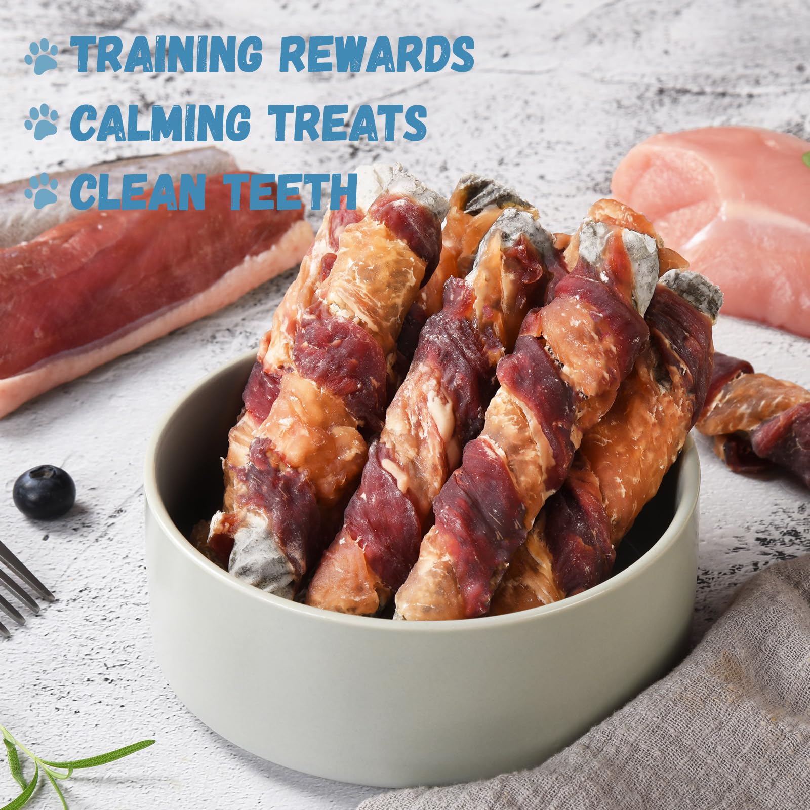Pawmate Dog Treats, Chicken Duck Wrapped Cod Skin Sticks, Rawhide-Free, Grain-Free Dog Chewy Treats for Healthy Teeth and Coat,T