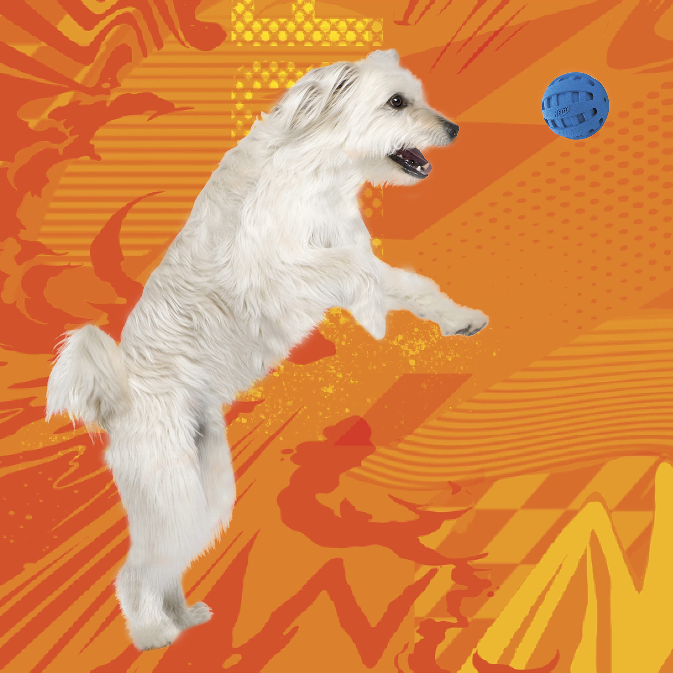 Nerf Dog Rubber Ball Dog Toy With Checkered Squeaker, Lightweight, Durable And Water Resistant, 4 Inch Diameter For Medium/Large Breeds, Single Unit, Blue