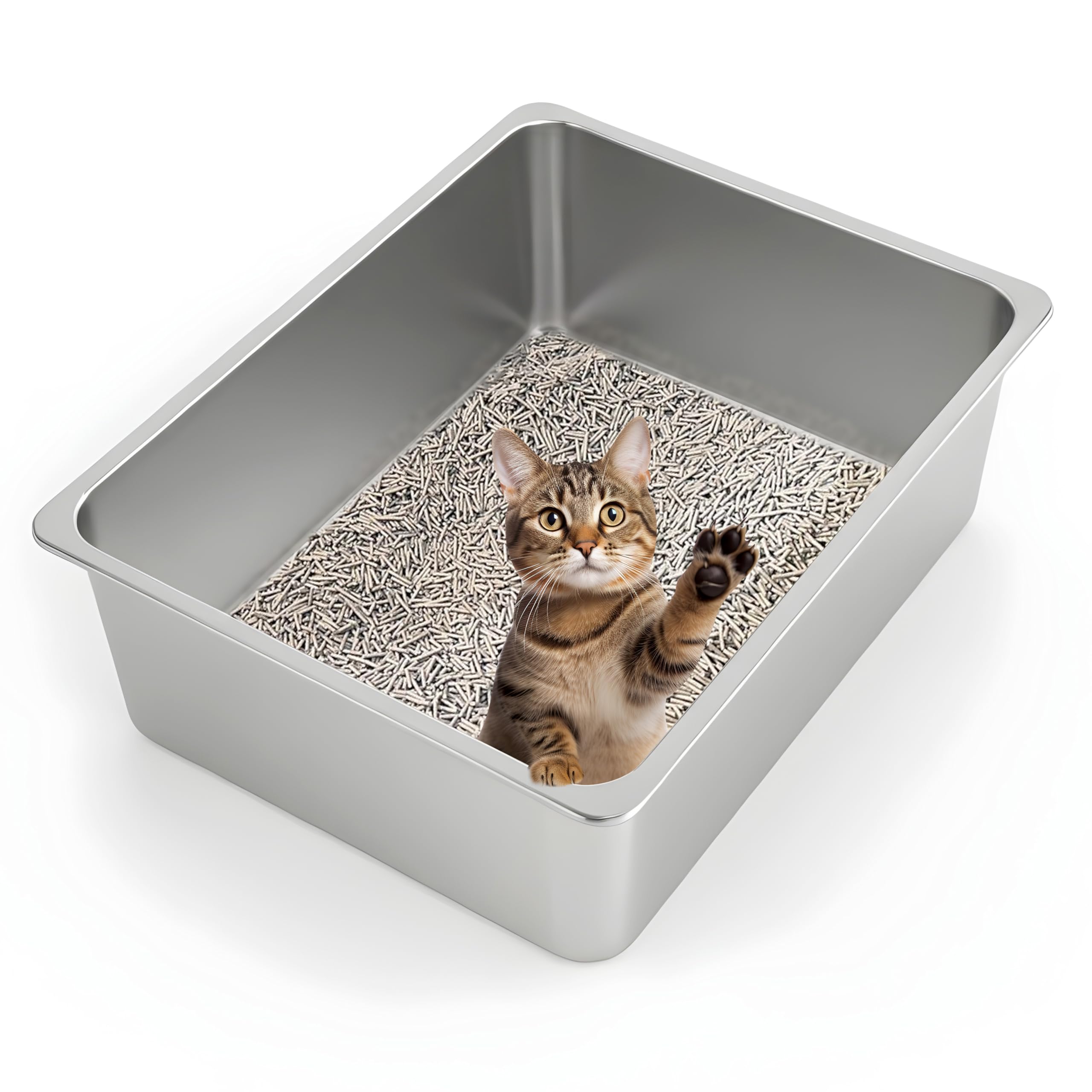 Kirecoo Stainless Steel Cat Litter Box Xl- Metal High Sided Cat Pan, Large Stainless Steel Box, Indoor Litter Tray, Non Stick, N