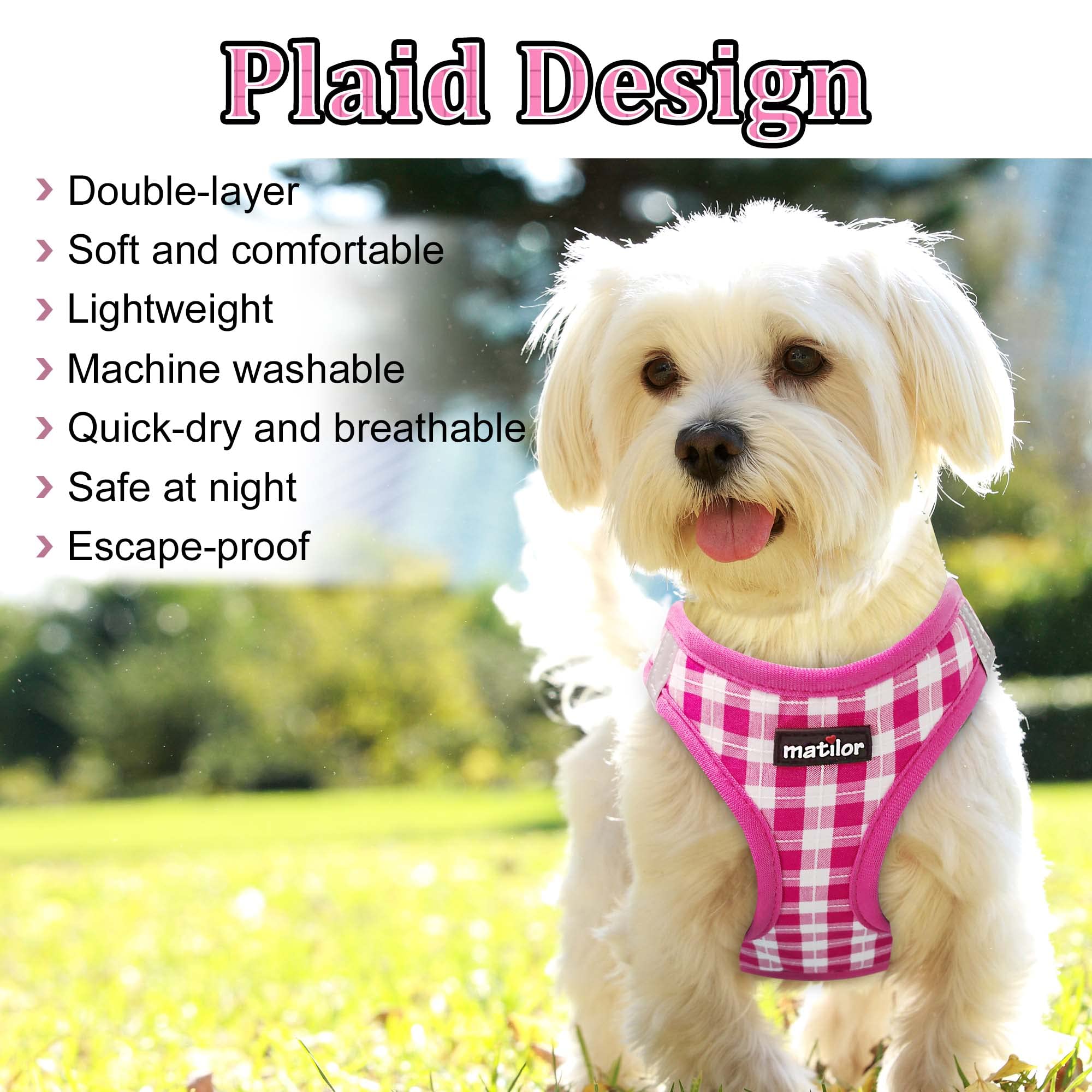 Matilor Dog Harness Step-In Breathable Puppy Cat Dog Vest Harnesses For Small Medium Dogs Pink Checkered