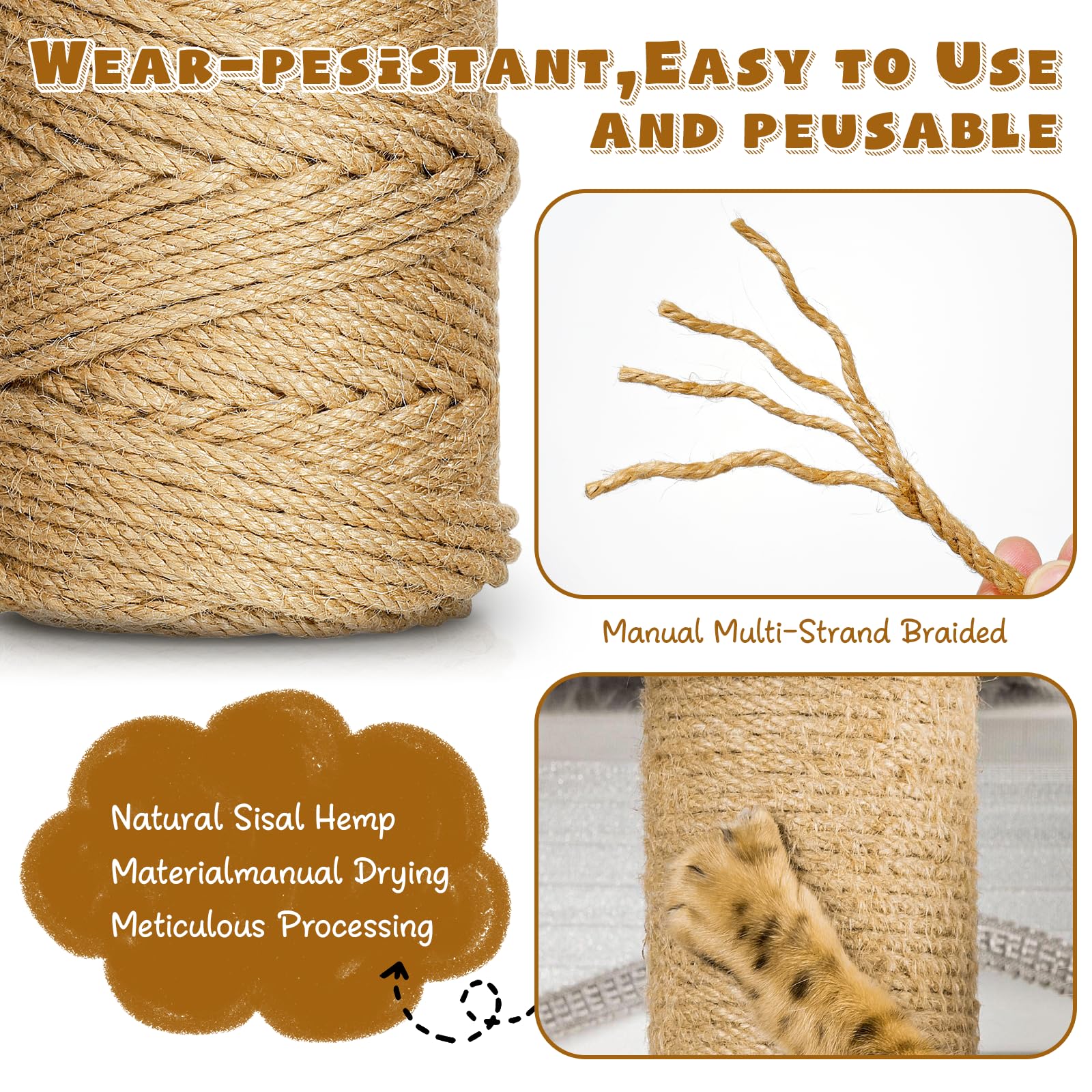 164 Ft/50 M Sisal Rope For Cat Scratcher, 1/4 Inch/ 6 Mm Thick Twine For Cat Scratching Post Cat Tree Replacements Diy Craft Pro