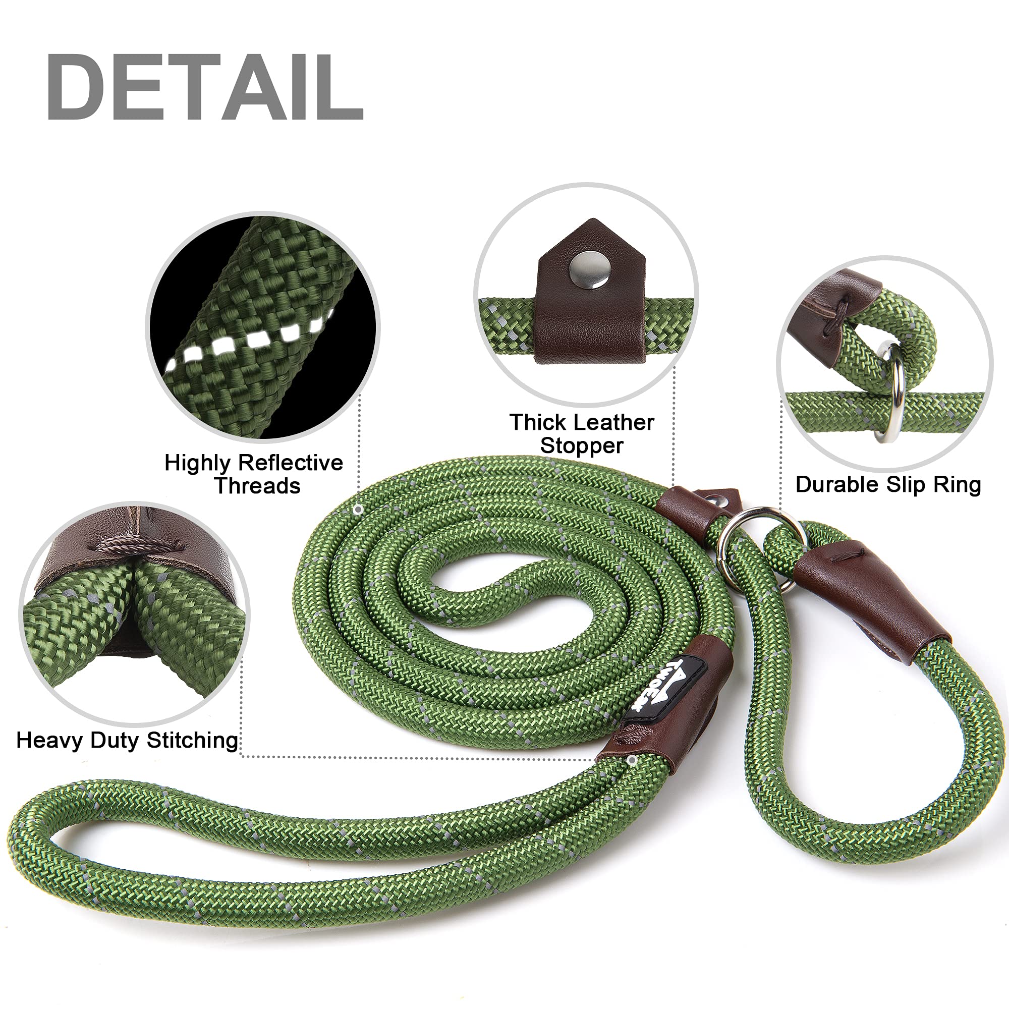 Twoear Dog Leash Dog Slip Rope Leash 6Ft Dog Training Leash Heavy Duty Strong Slip Lead Highly Reflective Threads For Small Medium And Large Dogs (Slim(3/8''X6Ft), Green)