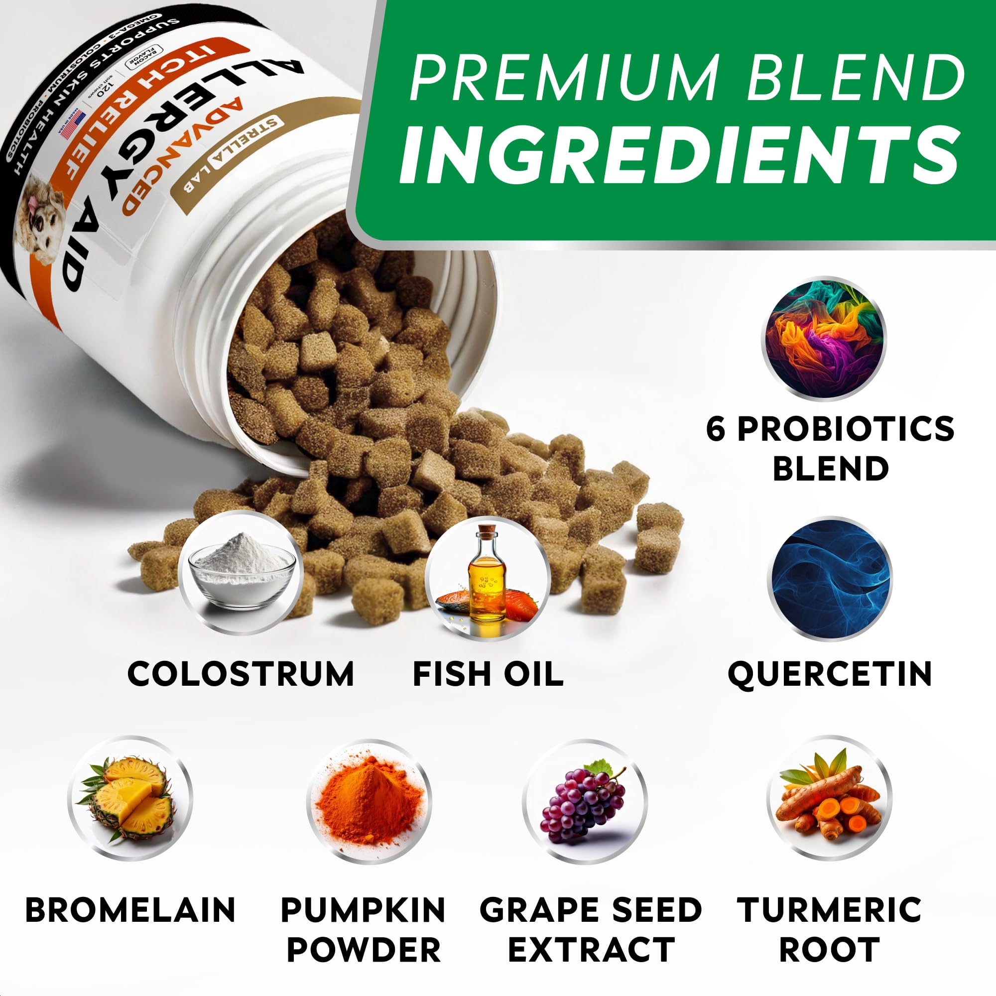 StrellaLab Dog Allergy Relief & Anti Itch Support Chews w/Omega 3: Real Ingredients, Real Taste! Skin & Coat Immune Supplement w