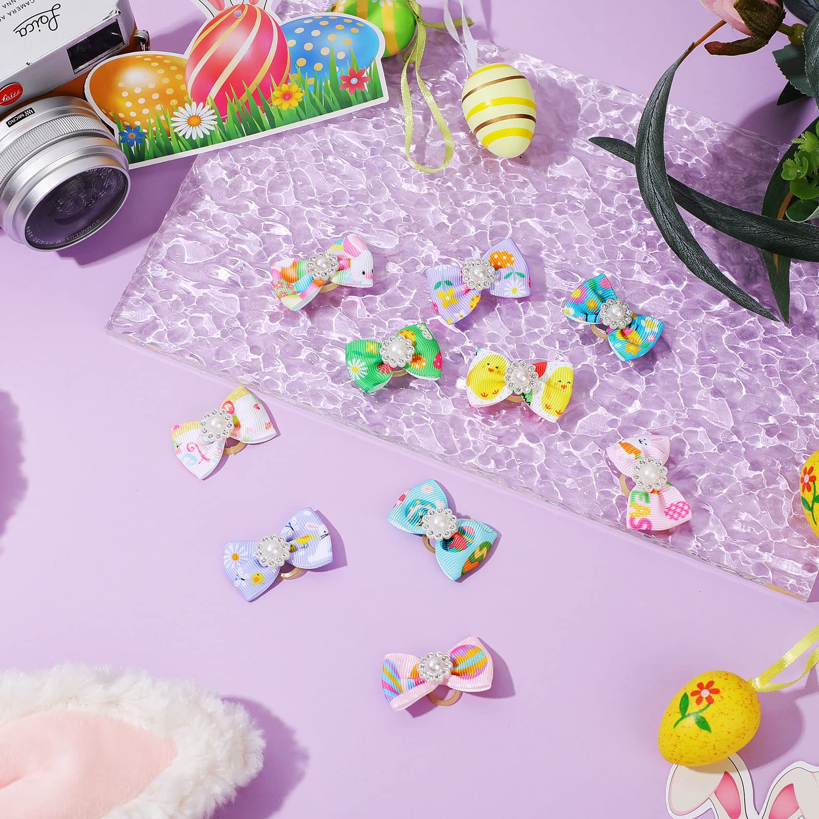 Waydress 40 Pieces Easter Dog Bows Rabbit Bunny Egg Hair Bowknot Pet Easter Bows With Rubber Bands Puppy Easter Rhinestone Bows