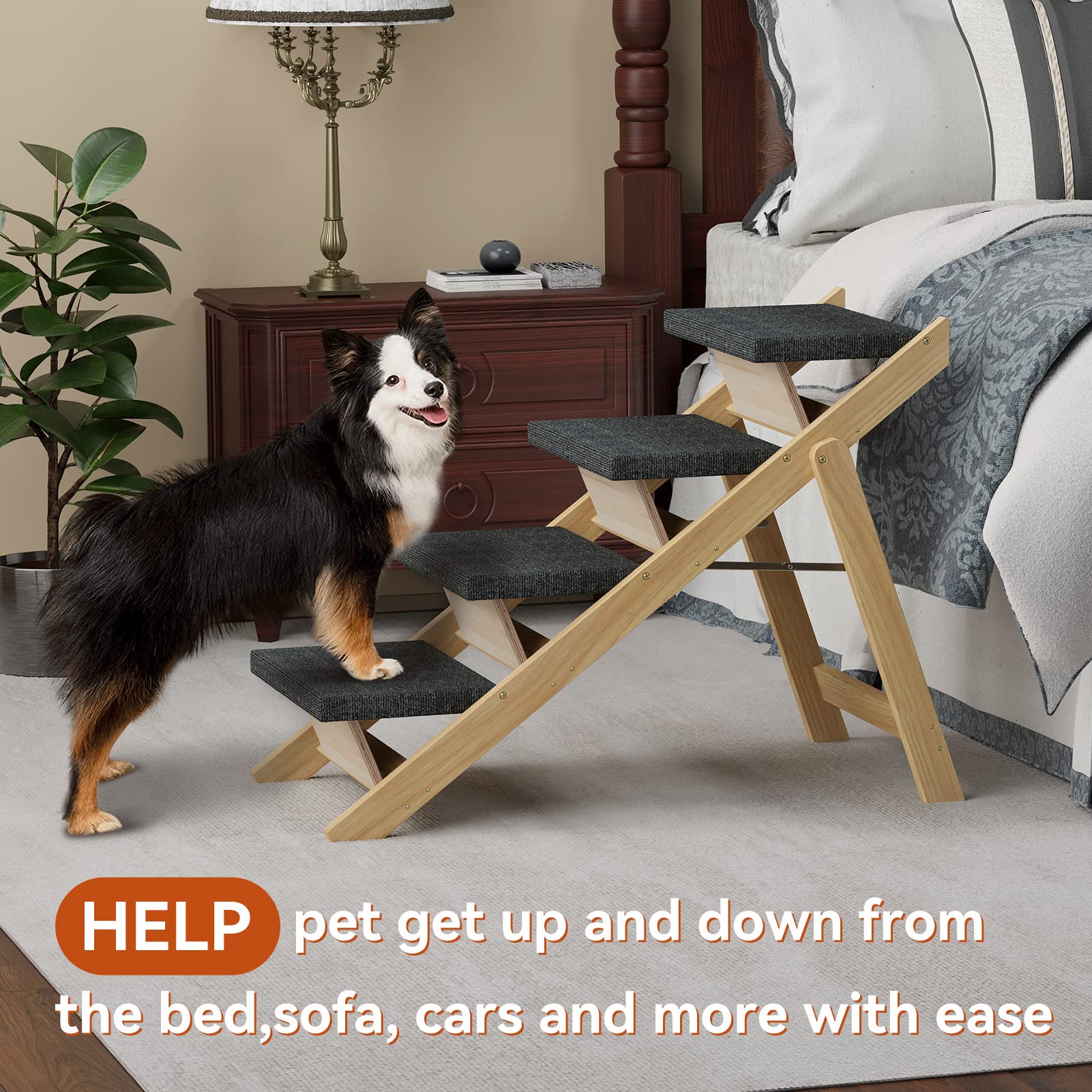 Runlexi Pet Stairs/Steps, Large Dogs Steps For High Beds, Sofa, Couch, Car, 2-In-1 Foldable Wood Dog Ramp With Non-Slip Pads, Sa