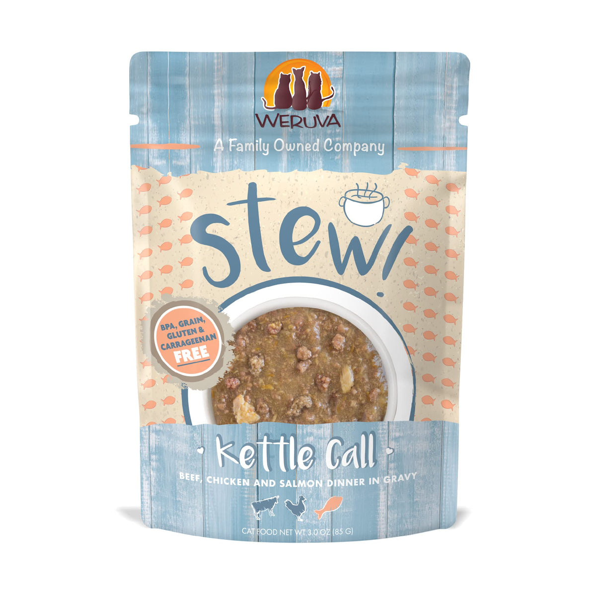 Weruva Classic Cat Stews!, Kettle Call With Beef, Chicken & Salmon In Gravy, 3Oz Pouch (Pack Of 12)