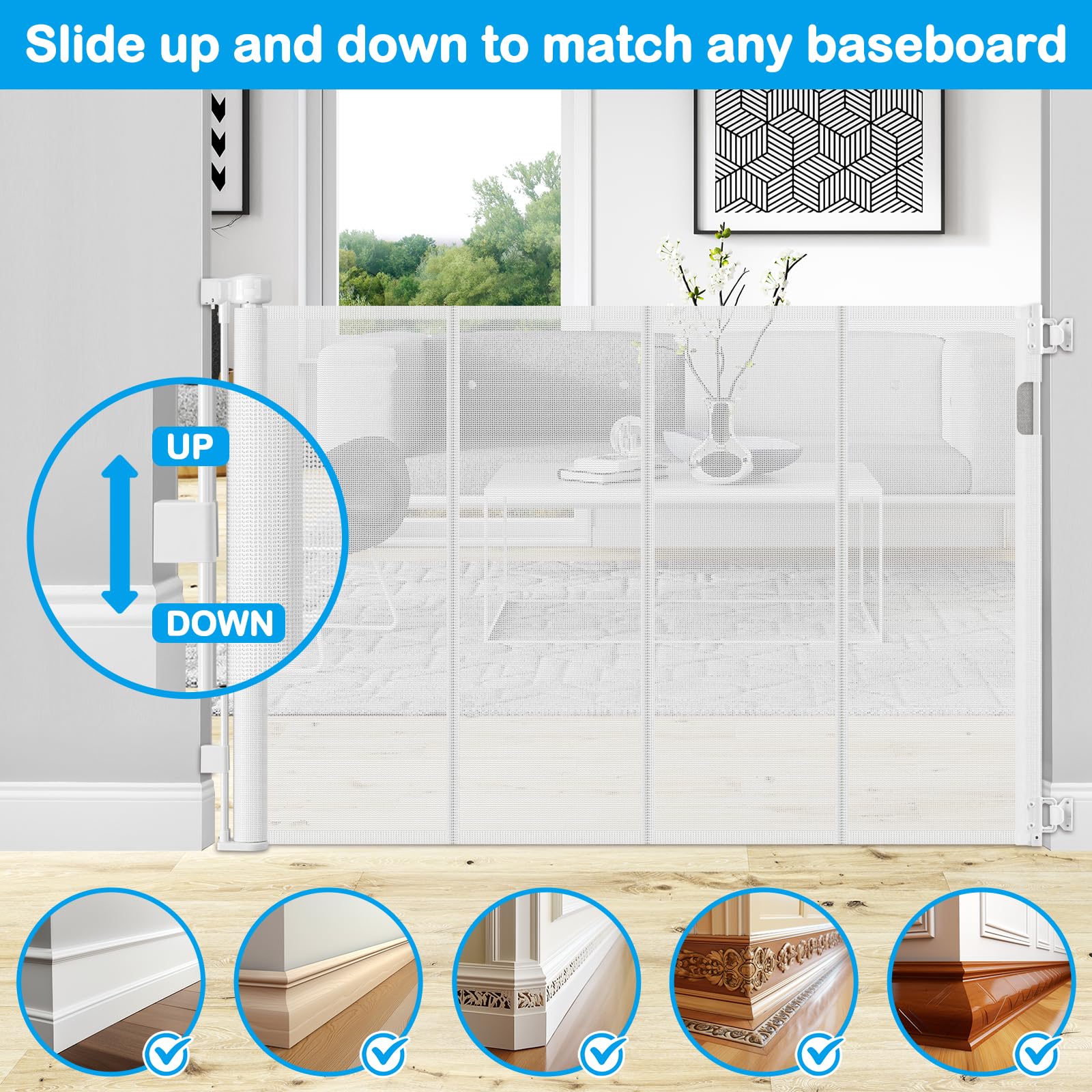 HEELALBABY 42" Extra Tall Retractable Baby Gate, 55" Wide, White, Anti-Scratch PVC Mesh, Model BAQXL64