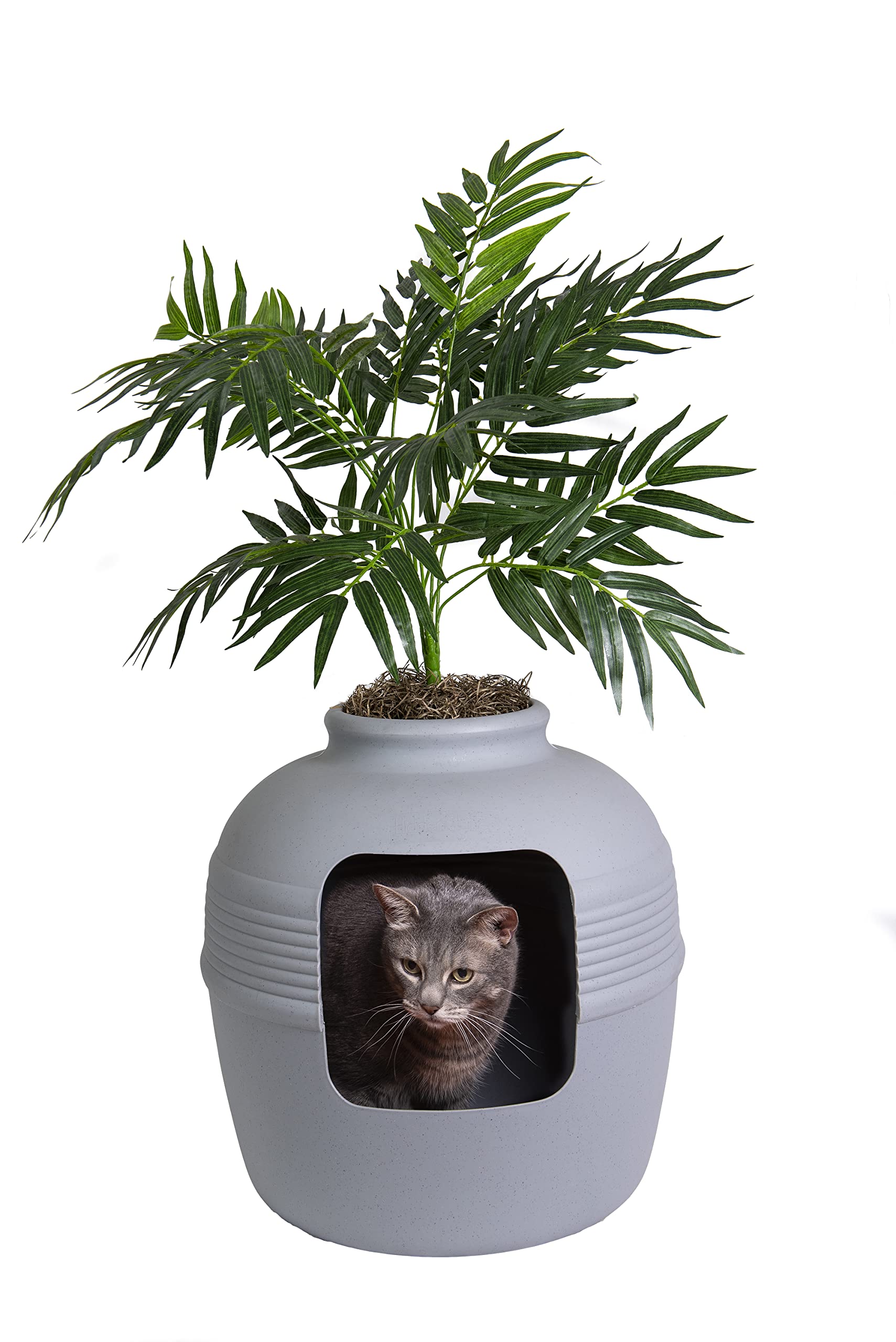 Good Pet Stuff Hidden Litter Box Base Kit, Round Enclosed Cat Planter Furniture With Fake Plant, Hooded Vented Carbon Filter System For Odor Control, Easy To Clean, Made In Usa, Stone Grey