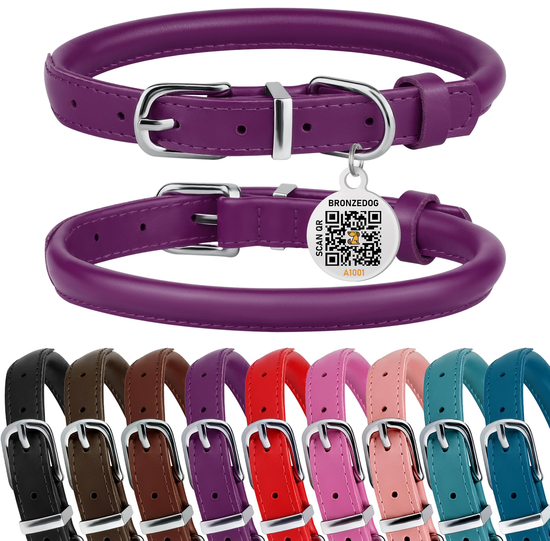 Bronzedog Rolled Leather Dog Collar For Small Medium Large Dogs With Qr Id Tag (L: 16-18 Inch, Plum)
