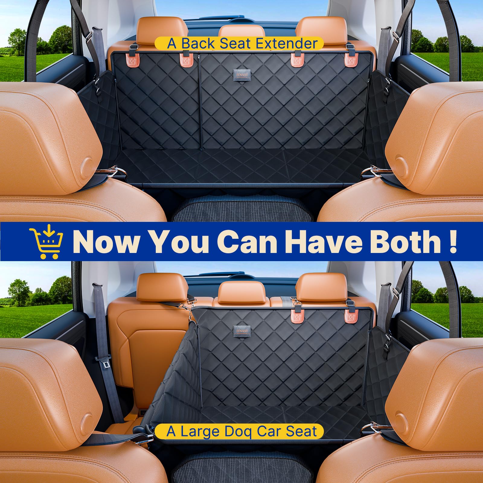 ITNAST Convertible Back Seat Extender for Dogs, Foldable 400lbs Hard Bottom Dog Car Seat Cover for Back Seat, Waterproof Dog Ham