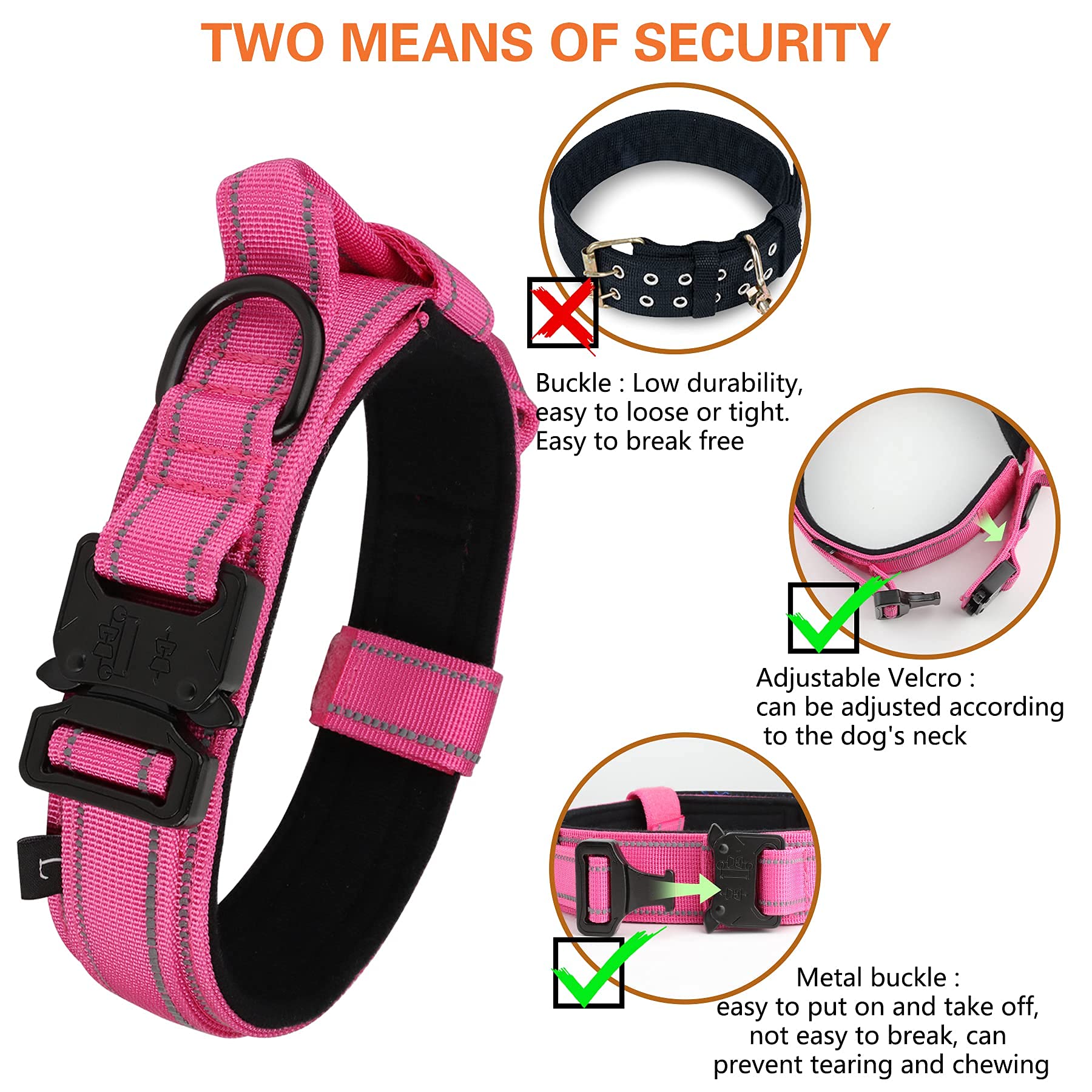 Tactical Dog Collar- Kcucop Military Dog Collar With Reflective Collar And American Flag Patch With Handle Heavy Duty Metal Buckle 1.5' Width Nylon Thick Adjustable K9 Collar(Pink Reflective-L)