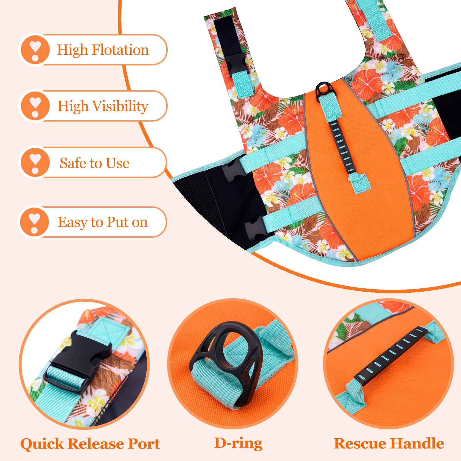 Dog Life Jacket Small, High Flotation Dog Life Vest For Swimming Boating, Hawaiian Reflective Puppy Swim Vest, Adjustable Safety