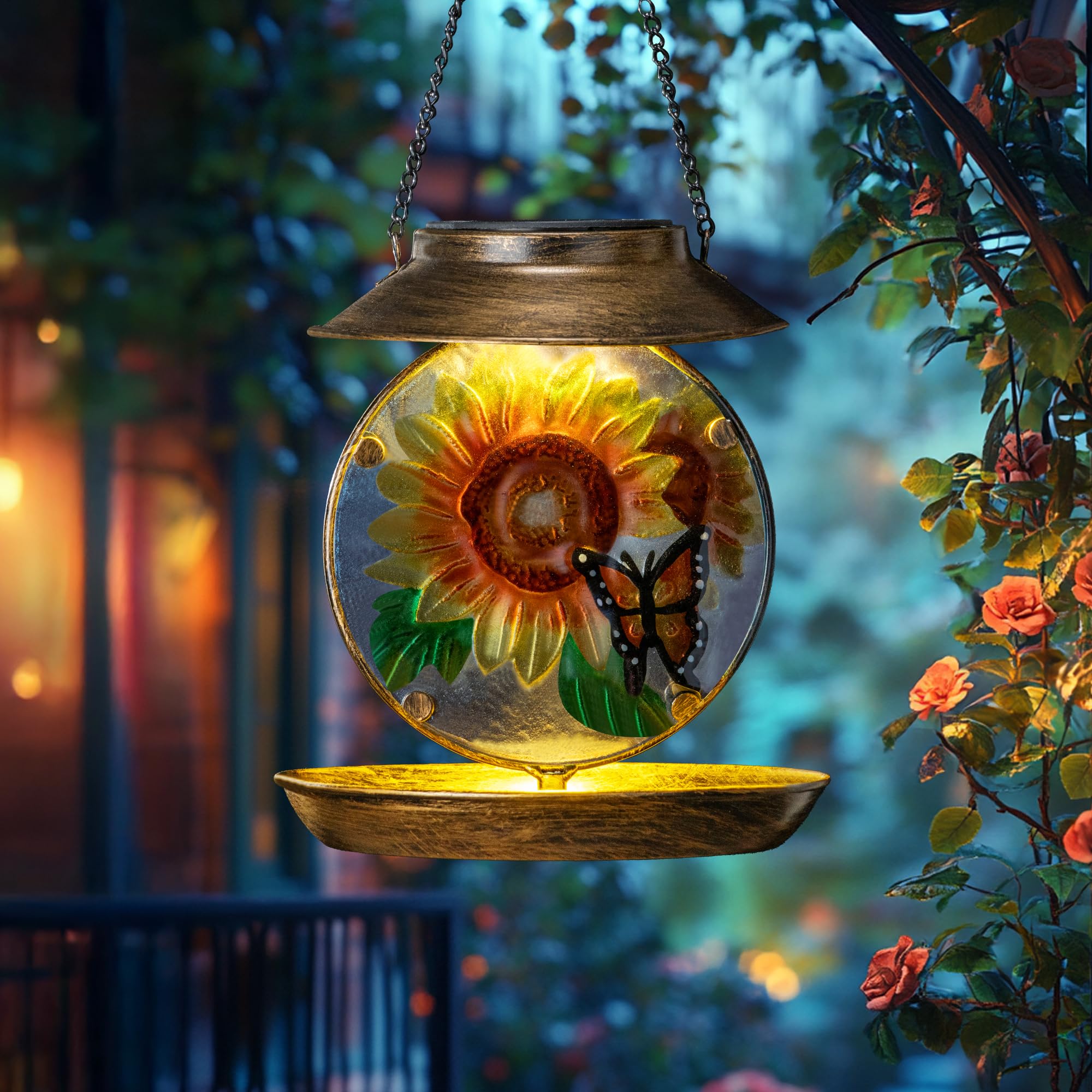 VESTCDF Solar Bird Feeders for Outdoors Hanging, Solar Sunflower Bird Feeder with Led Light Waterproof Metal Birdfeeders Outside