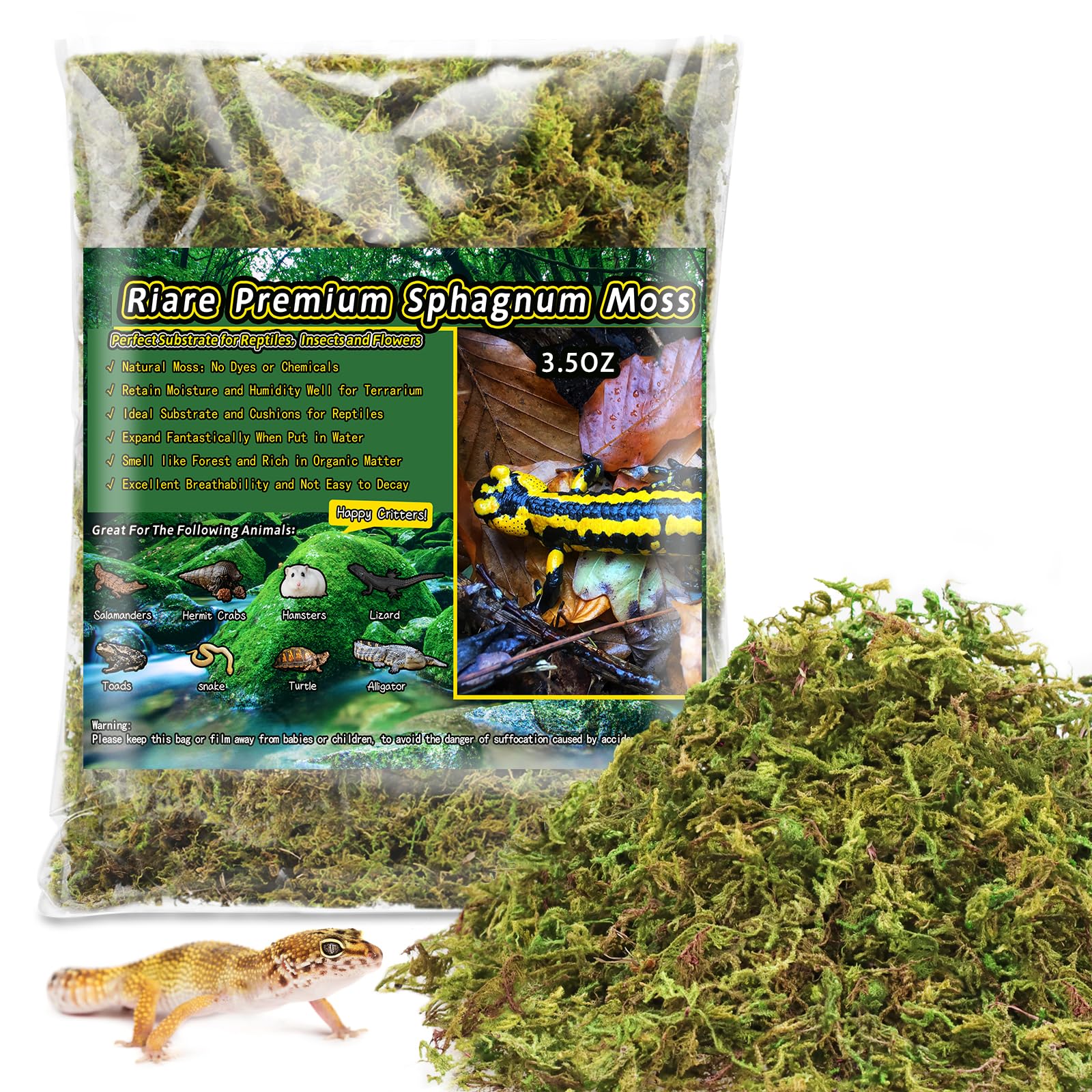 Riare 3.5 OZ Premium Sphagnum Moss for Reptiles- 4QT Natural Live Moss Reptile Moss Bedding for Terrarium, Hatching, Forest Spha