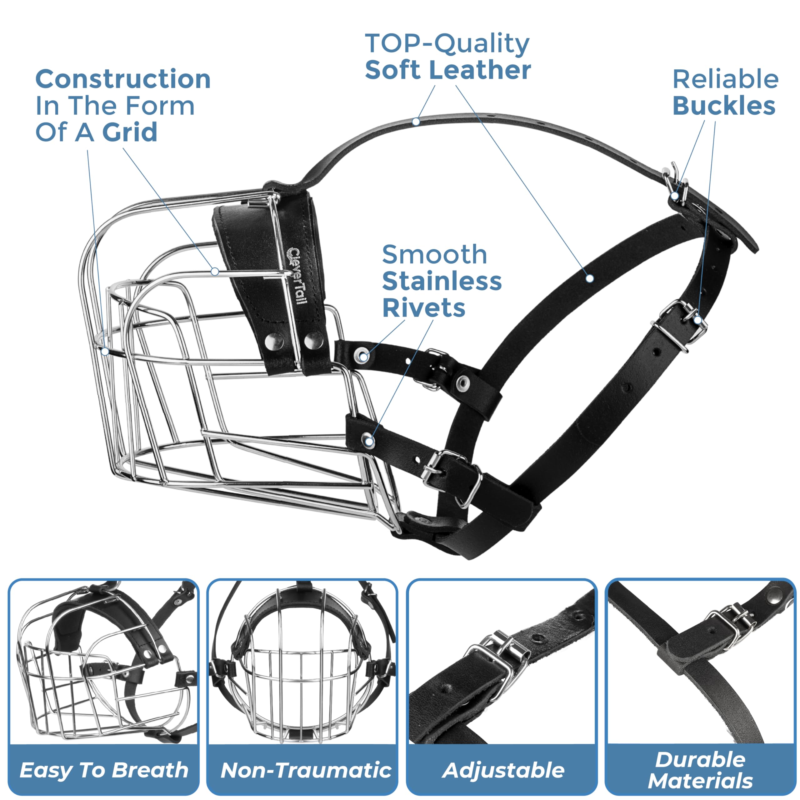 Clevertail Extra Large Dog Muzzle For Rottweiler - Xl Heavy Duty Rottweiler Muzzle - Metal Large Dog Muzzle For Barking And Biti