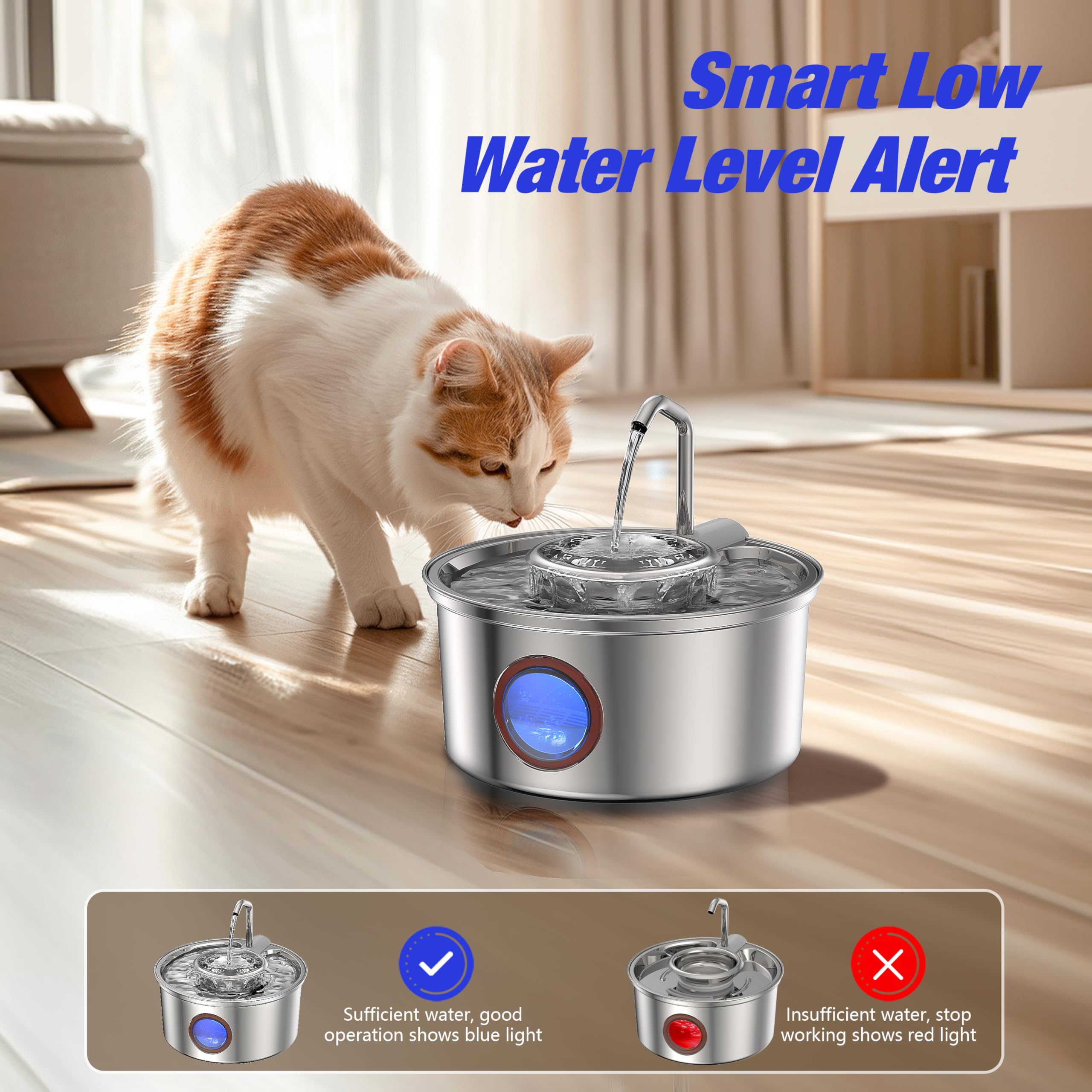 Hicuper Cat Water Fountain,108Oz/3.2L Stainless Steel Cat Fountain And Removable Water Bowl,Pet Fountain With Water Level Window