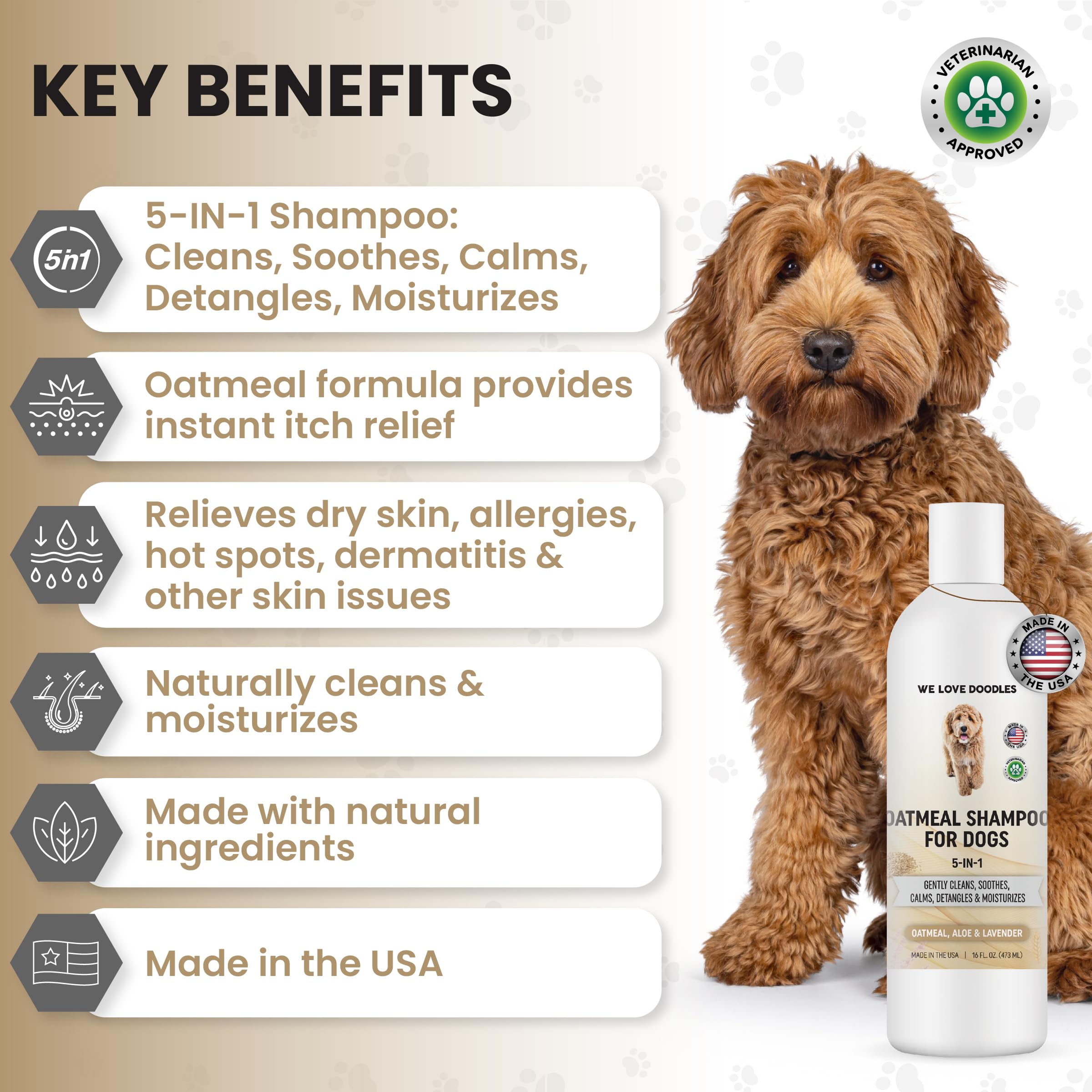 5-in-1 Premium Oatmeal Shampoo for Dogs, Gentle for Itchy & Sensitive Skin, Provides Itch Relief, Hypoallergenic & Soothing for