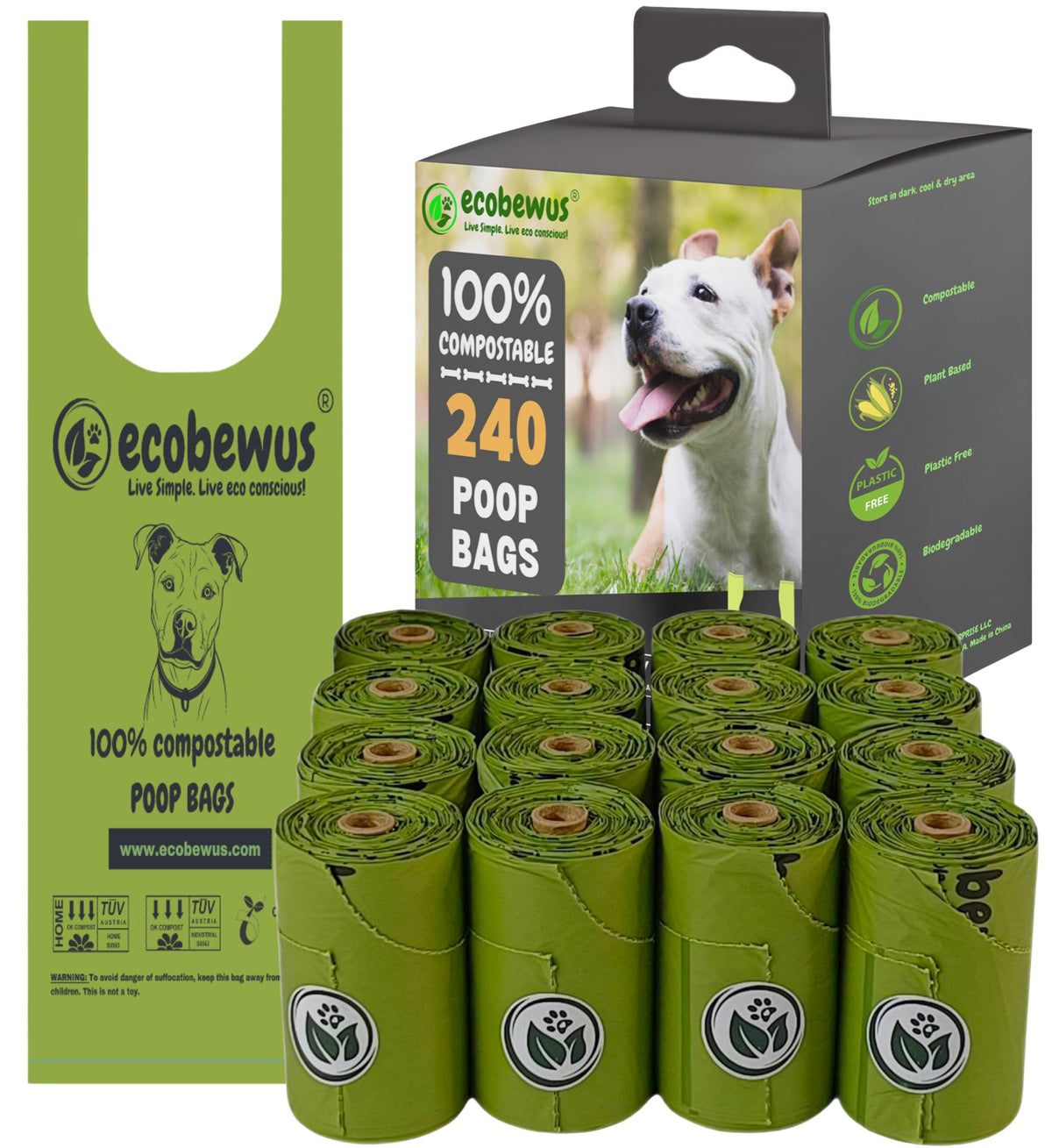 Ecobewus 100% Compostable Handle-Tie Doggy Poop Bags (240 Bags) 16 Refill Rolls Biodegradable Plant Based Astm D6400 & En 13432 