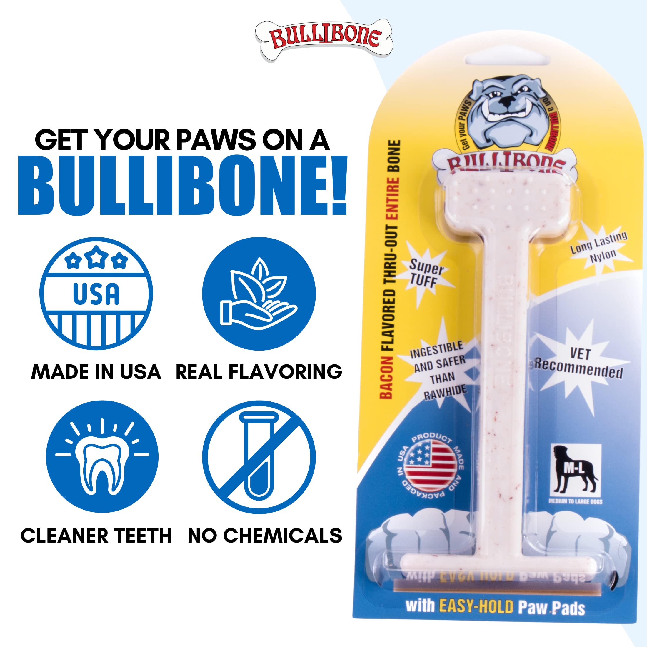 Bullibone Nylon Dog Chew Toy Nylon Bone - Improves Dental Hygiene, Easy To Grip Bottom, And Permeated With Flavor (Bacon, Xl - Single)