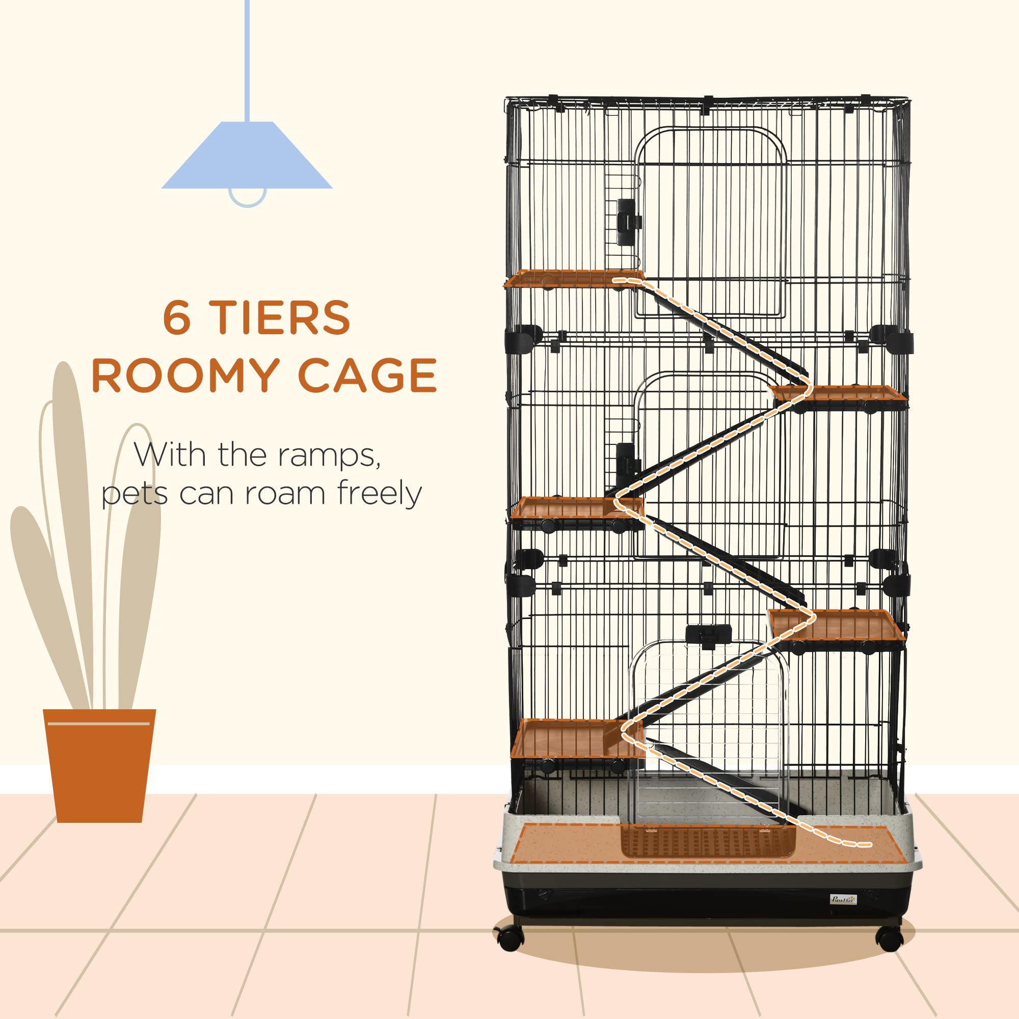 Pawhut 6-Level Small Animal Cage Rabbit Hutch With Wheels, Removable Tray, Platform And Ramp For Bunny, Chinchillas, Ferret, Black