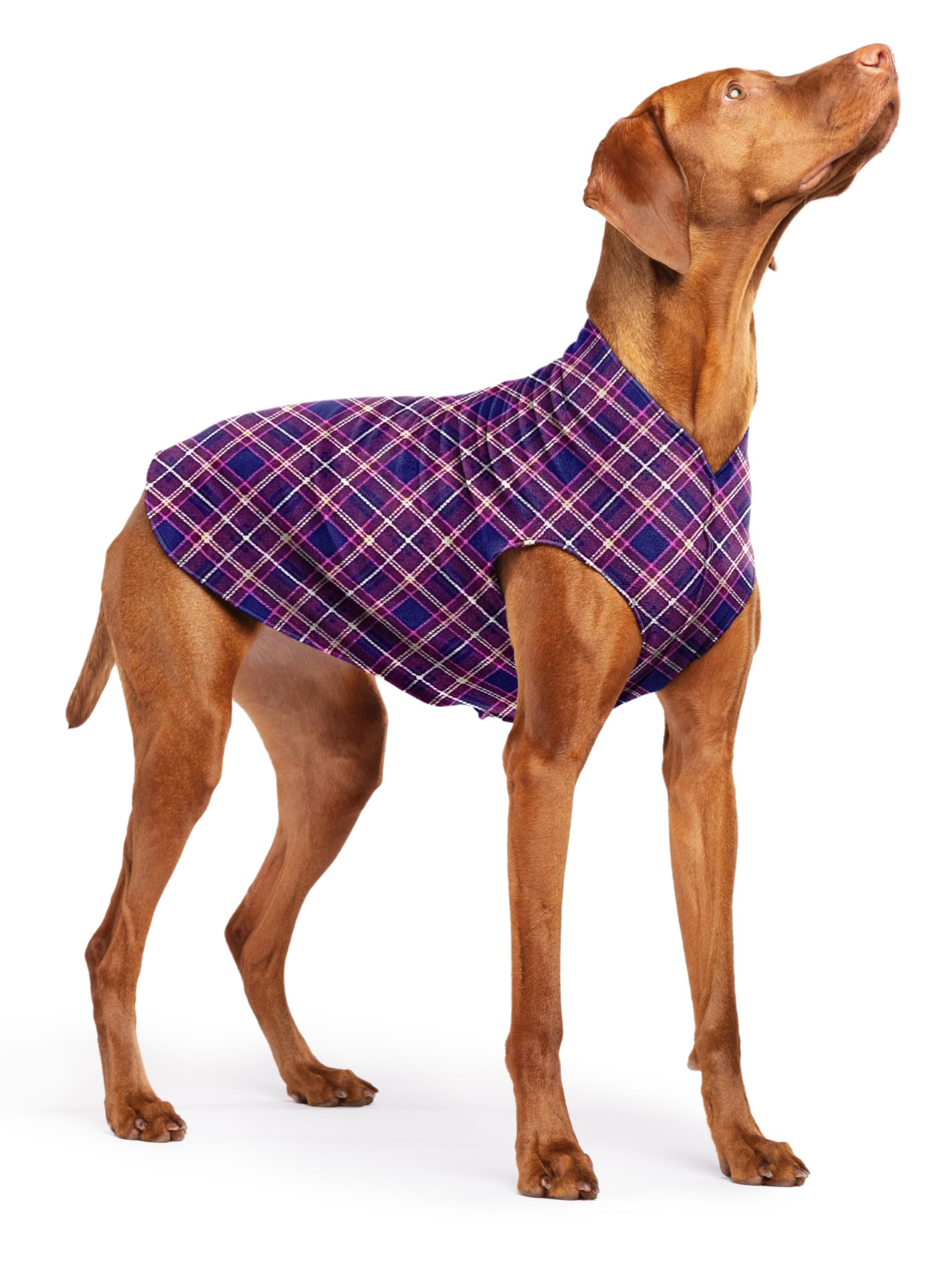 Gold Paw Stretch Fleece Dog Coat, Stretchy Pet Sweater, Machine Washable Pullover For Winter And Fall, Mulberry Plaid, 18