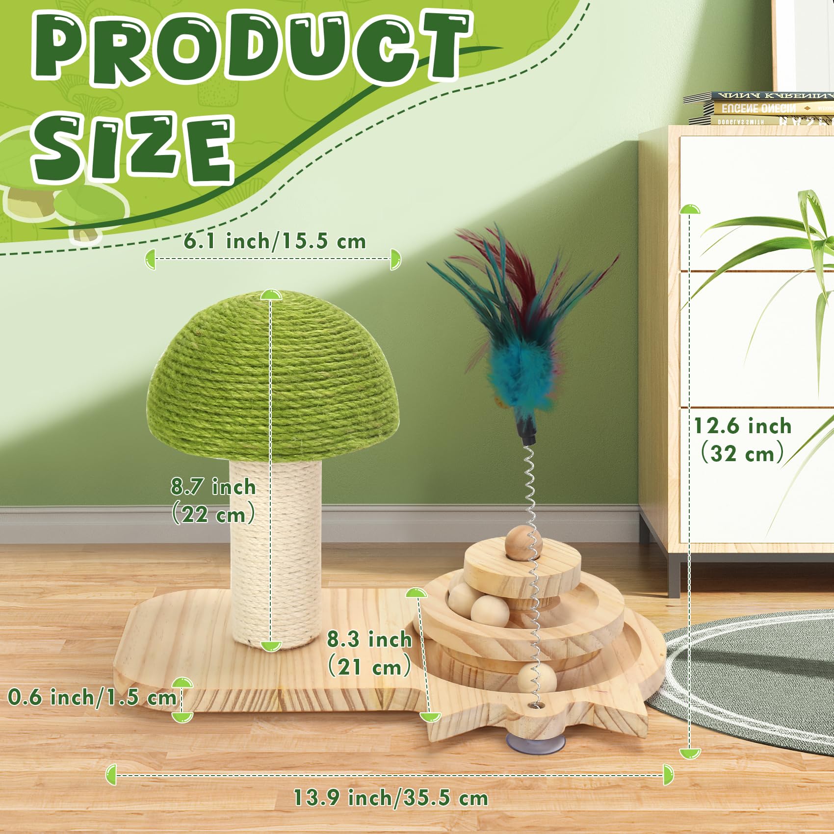 Cat Scratching Post, Sisal Mushroom Scratcher, Interactive Cat Toy With Ball And Bell Feather For Kittens And Small Cats