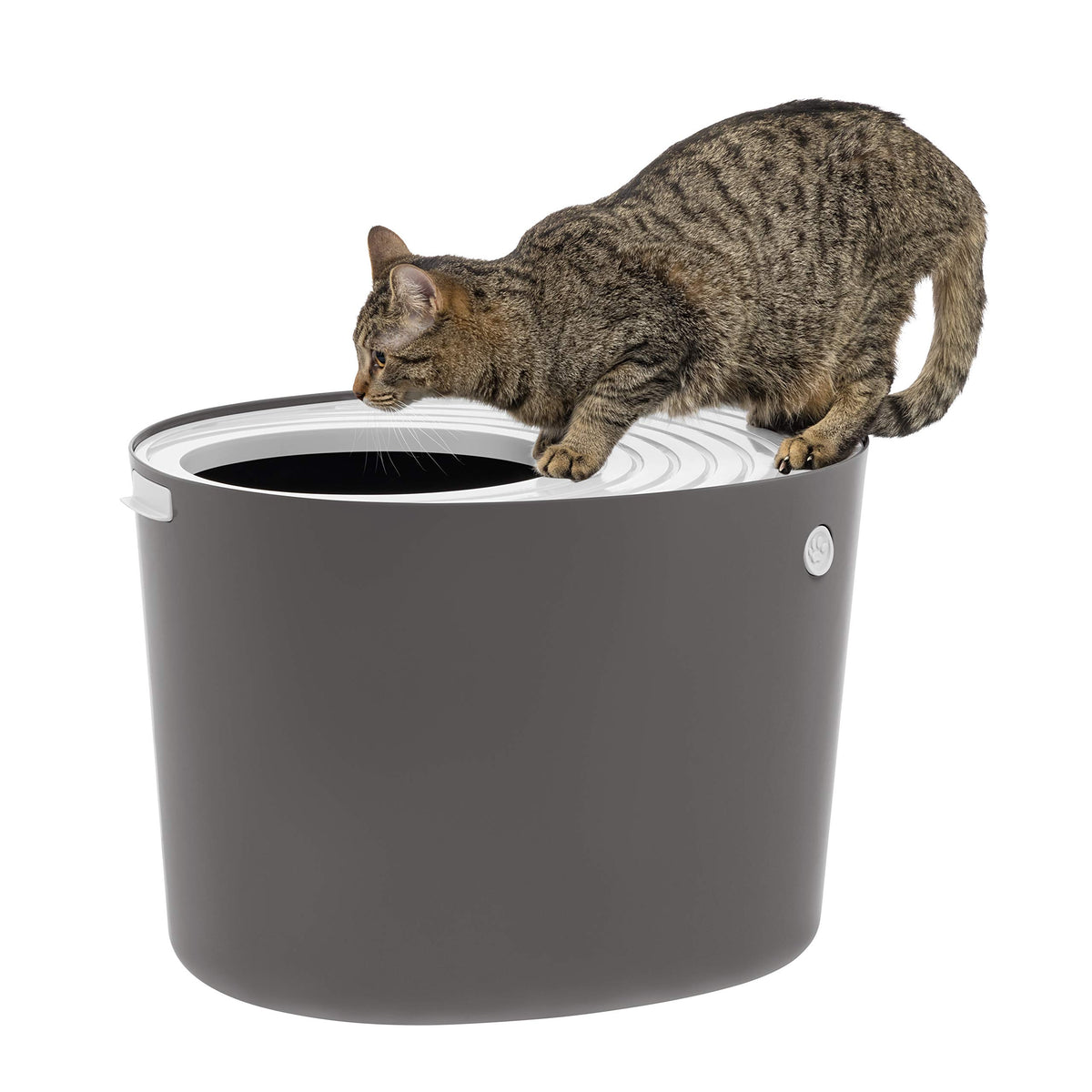 Iris Usa Cat Litter Box, Top Entry Litter Box With Scoop, Stylish Round Cat Litter Box Enclosure, Kitty Litter Box, Dark Gray/White