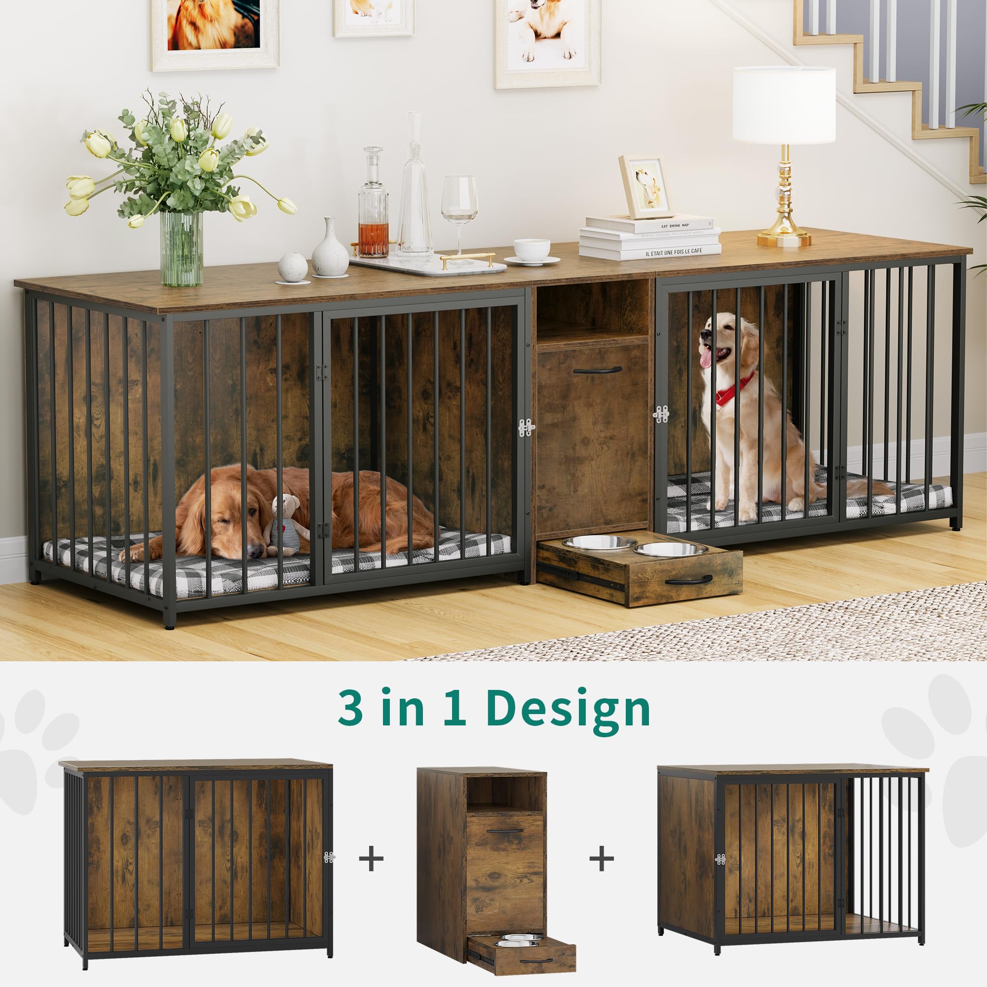 YITAHOME 94.5 Large Dog Crate Furniture with Feeder Bowls, Heavy Duty Dog Kennel with Room Divider and Drawer, Wooden Dog House
