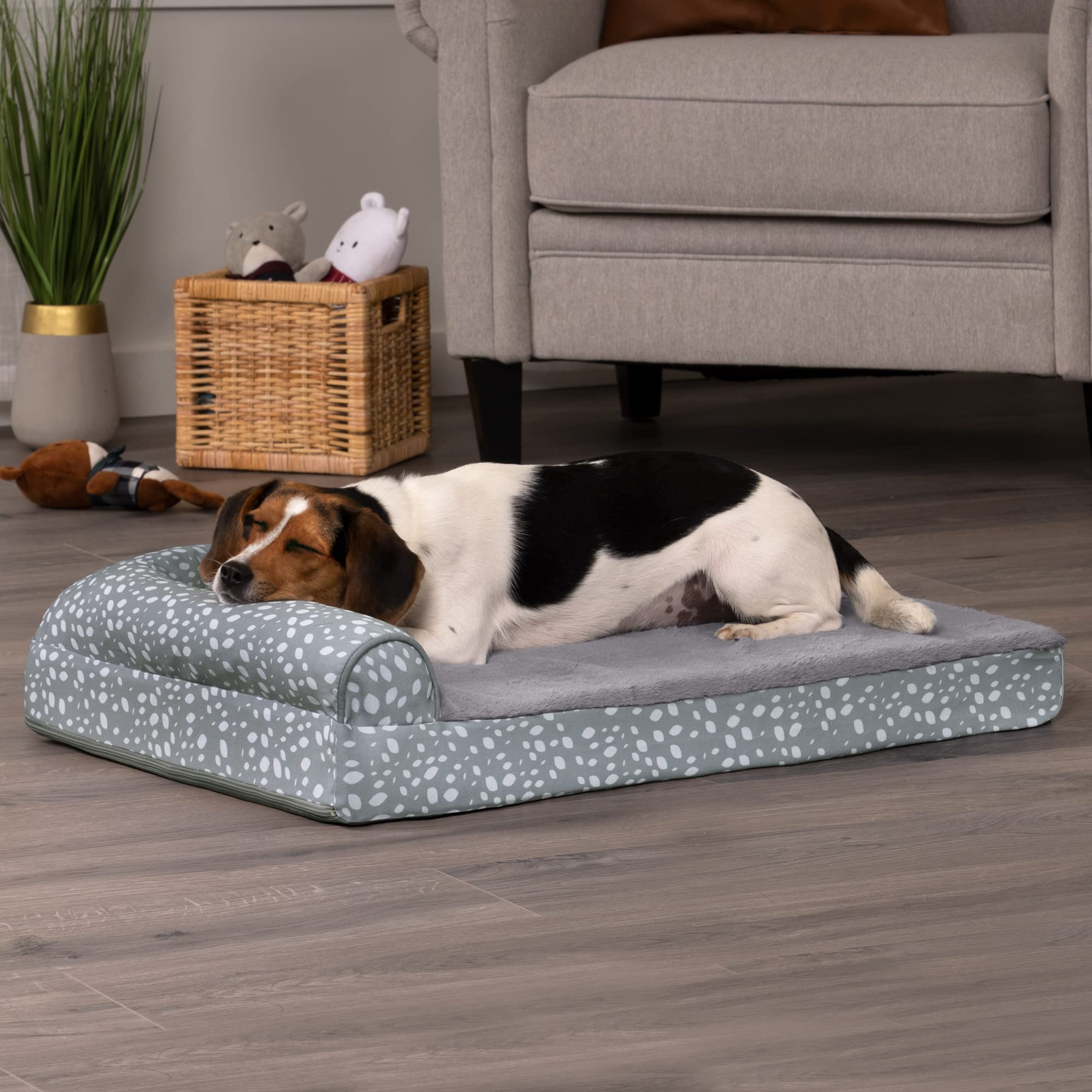 Furhaven Supportive Cooling Memory Foam L Chaise Dog Bed With Washable & Removable Cover - Plush & Almond Print - Gray Almonds,