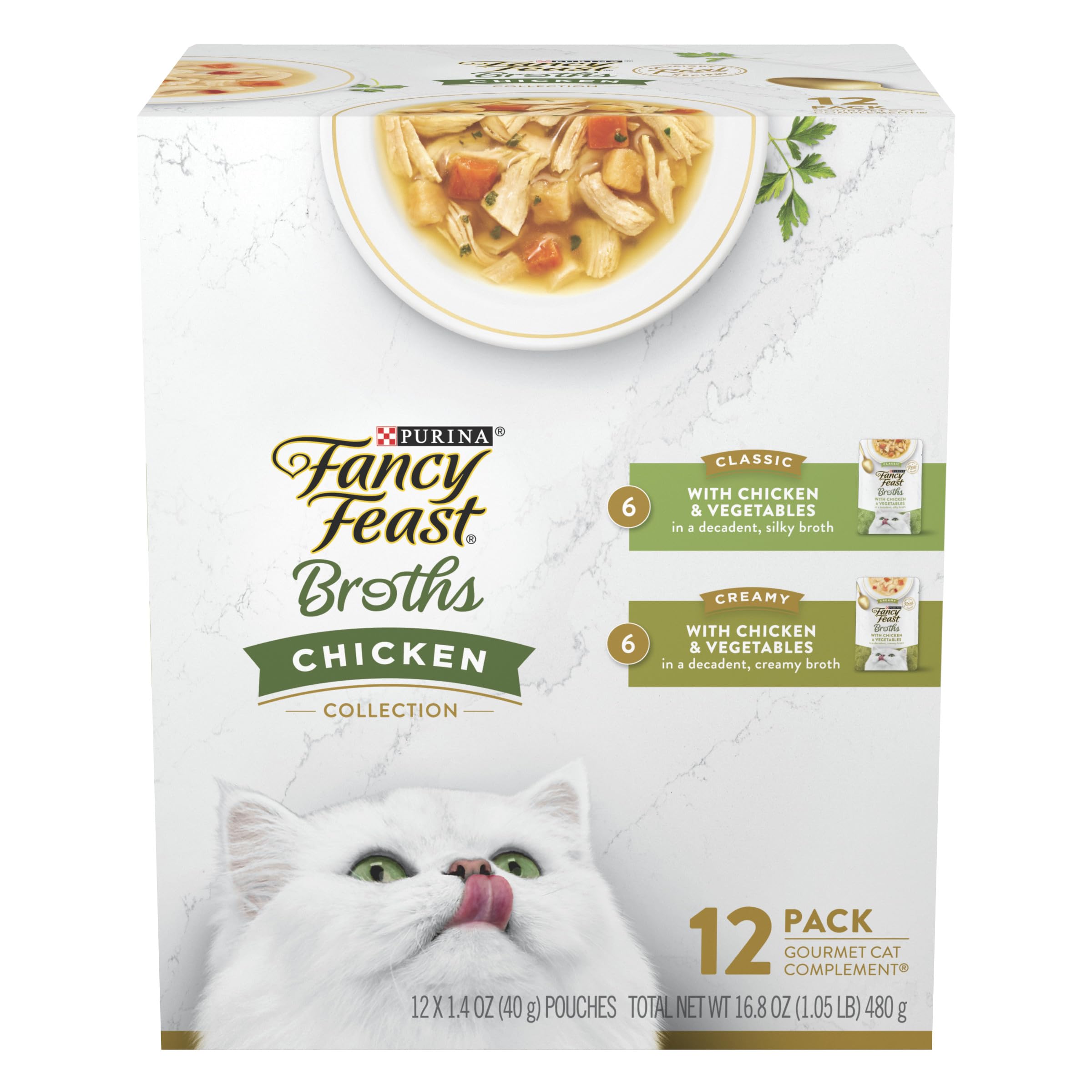 Purina Fancy Feast Chicken Broth Complement Lickable Grain Free Wet Cat Food Variety Pack - (Pack of 12) 1.4 oz. Pouches